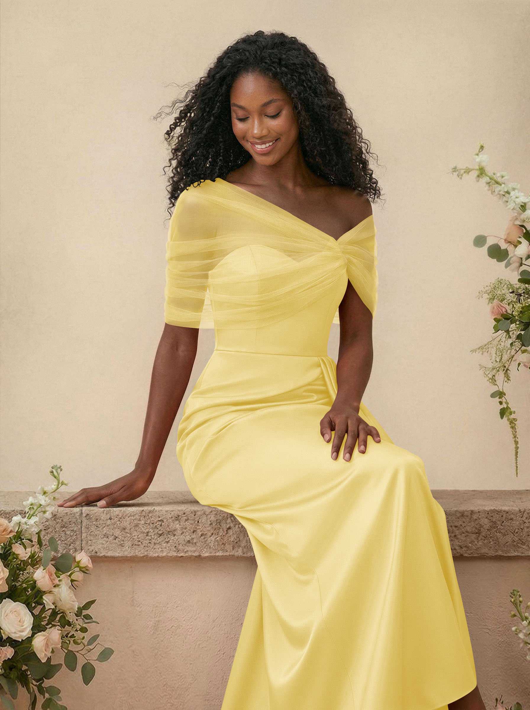 Trumpet/Mermaid Off-The-Shoulder Satin/Tulle Bridesmaid Dresses With Split Front, product image 196