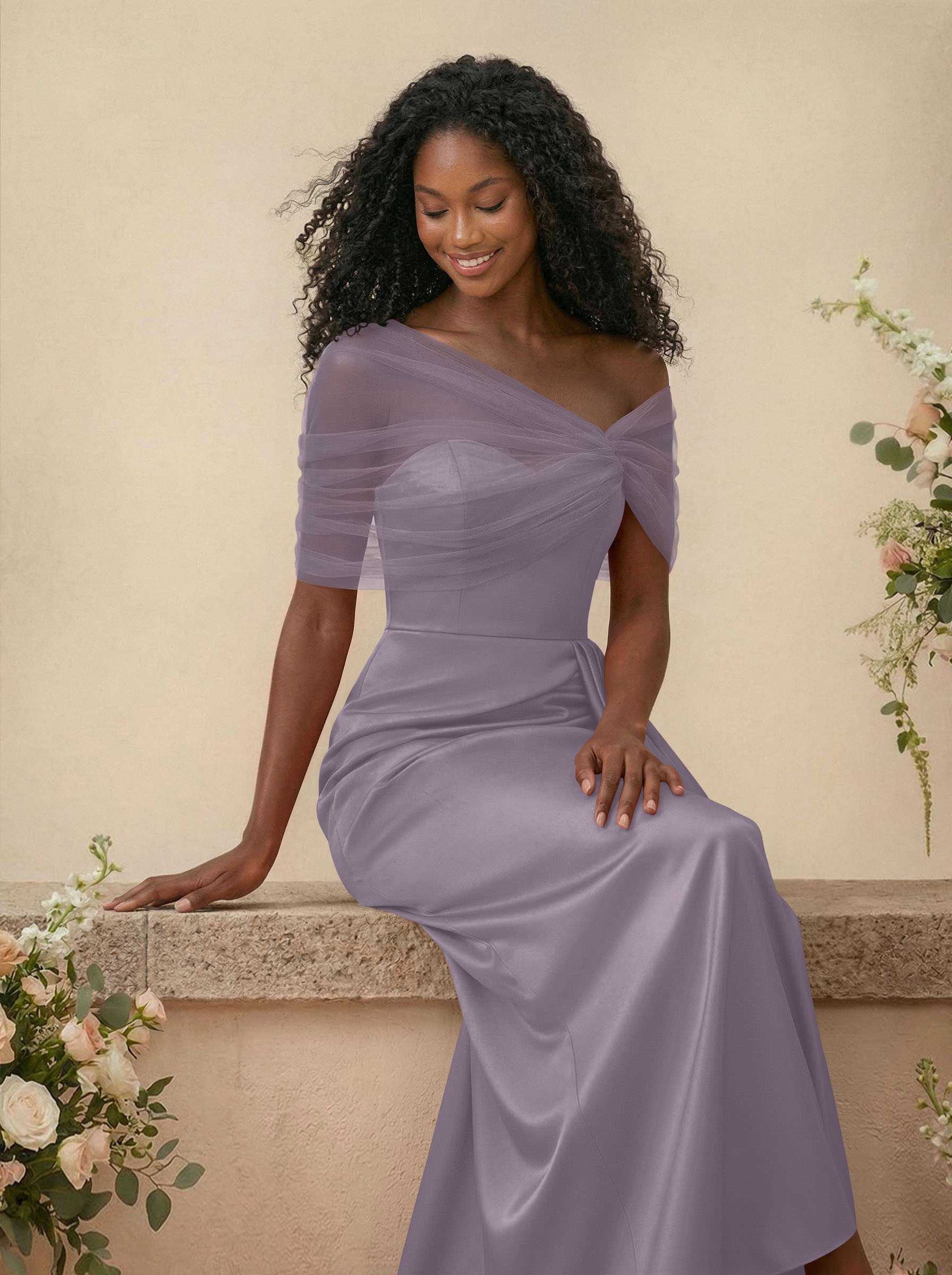 Trumpet/Mermaid Off-The-Shoulder Satin/Tulle Bridesmaid Dresses With Split Front, product image 112