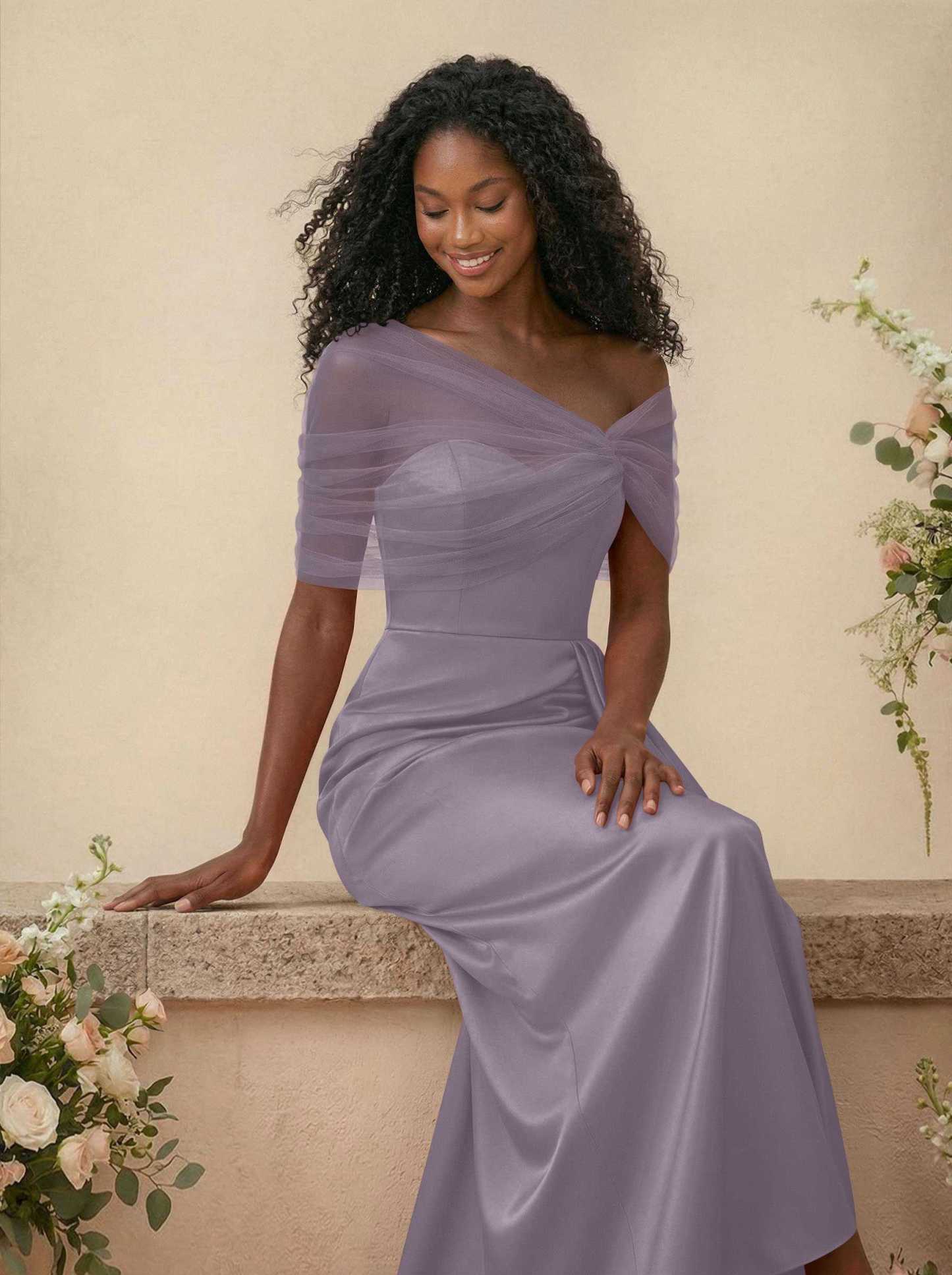 Trumpet/Mermaid Off-The-Shoulder Satin/Tulle Bridesmaid Dresses With Split Front, product image 112