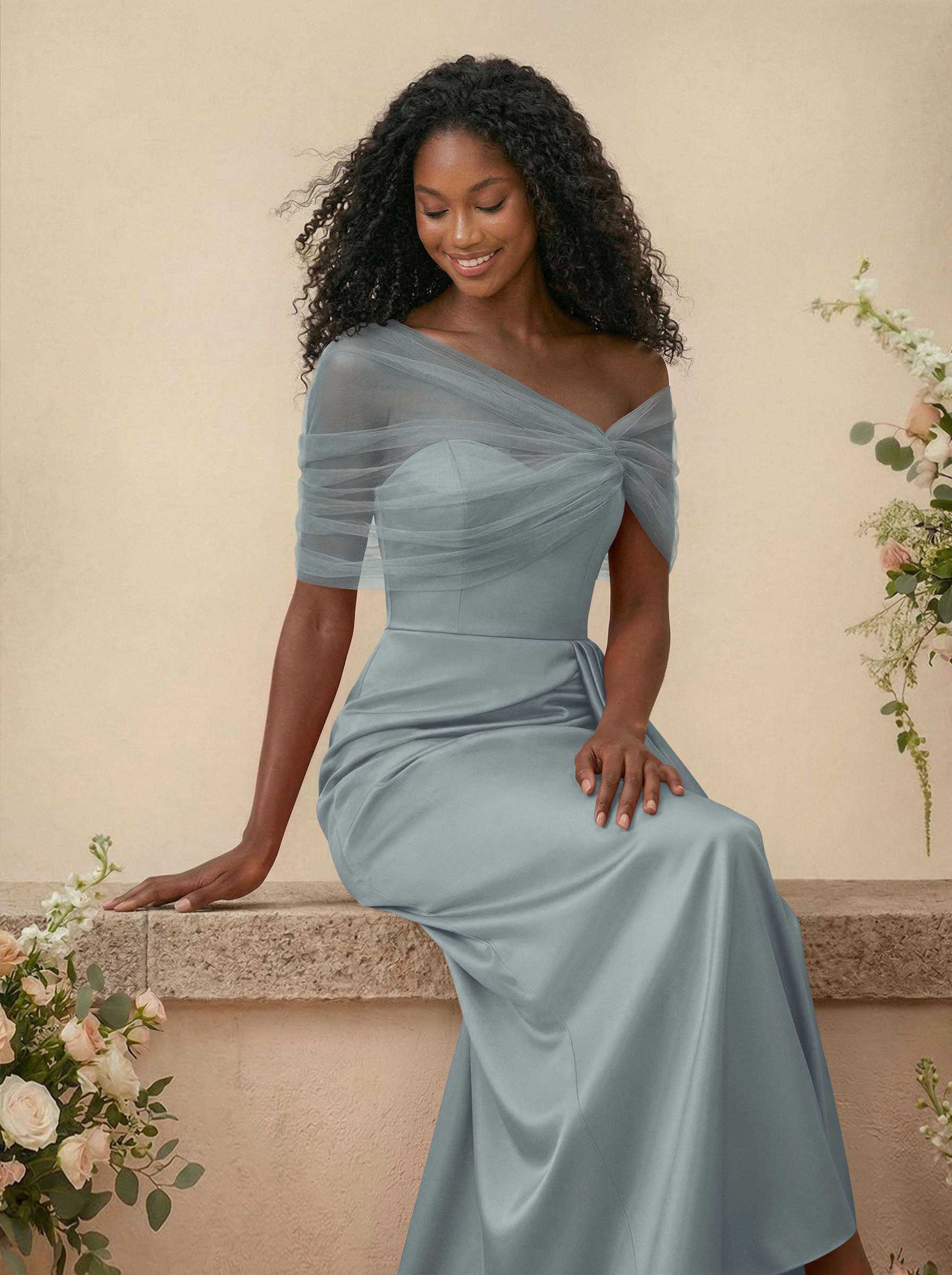 Trumpet/Mermaid Off-The-Shoulder Satin/Tulle Bridesmaid Dresses With Split Front, product image 16
