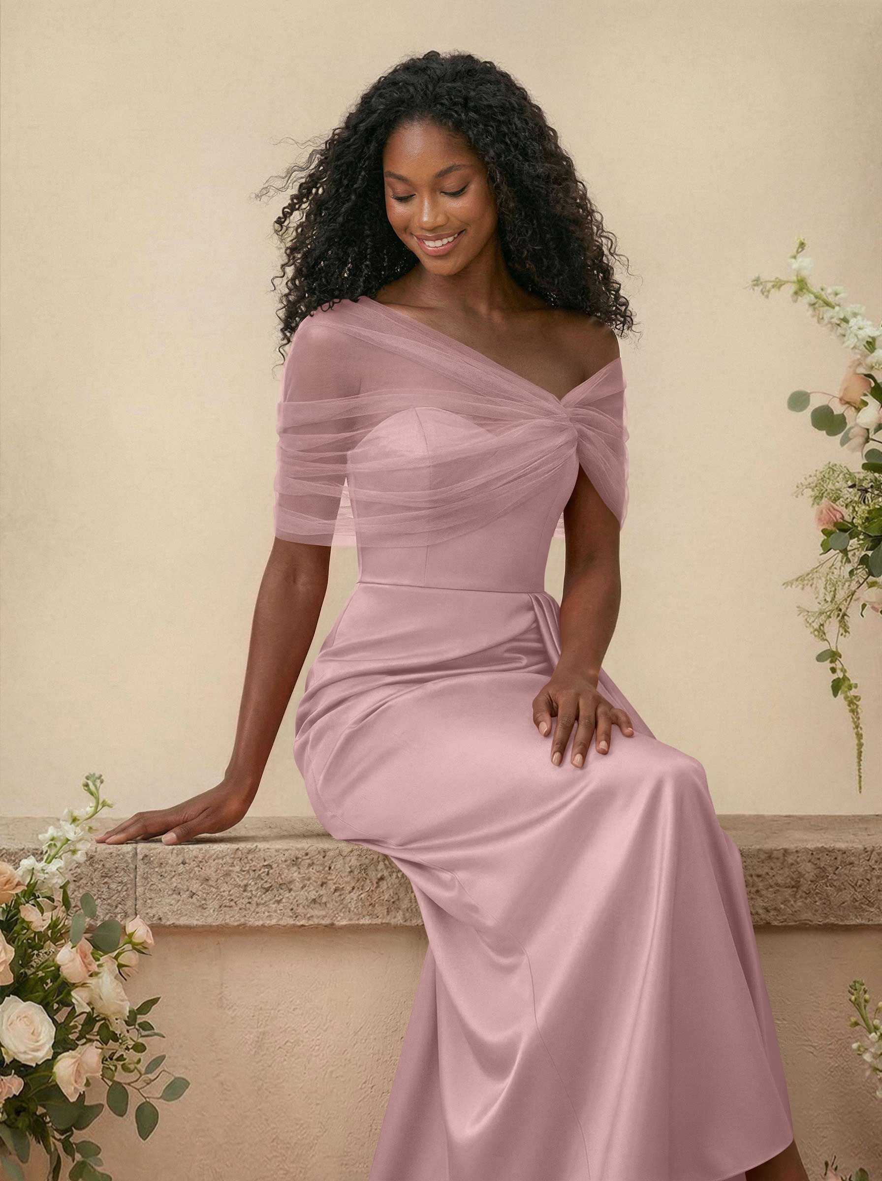 Trumpet/Mermaid Off-The-Shoulder Satin/Tulle Bridesmaid Dresses With Split Front, product image 84