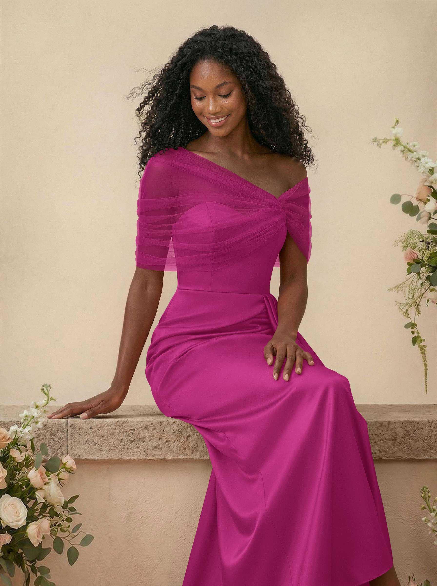 Trumpet/Mermaid Off-The-Shoulder Satin/Tulle Bridesmaid Dresses With Split Front, product image 148