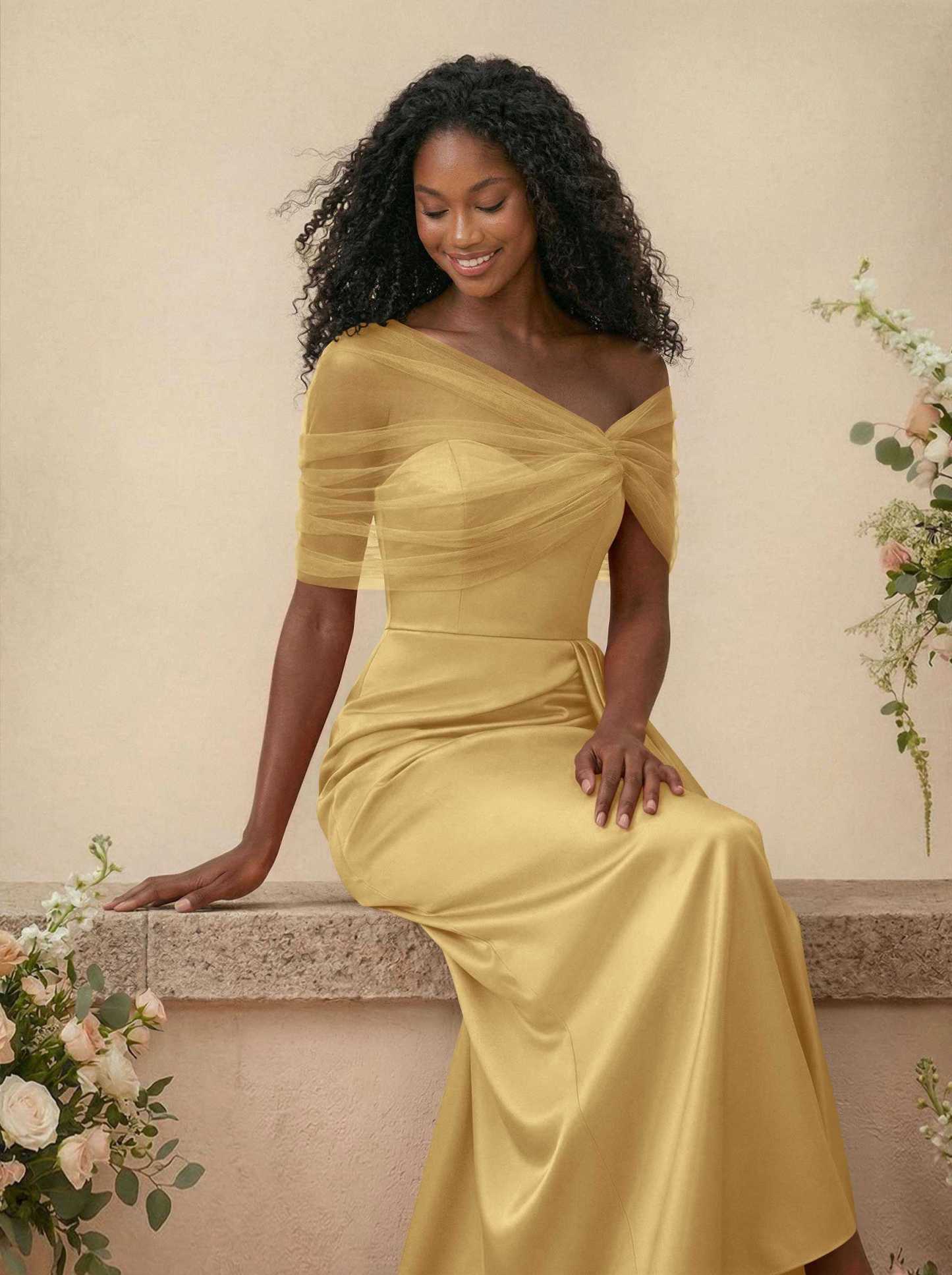 Trumpet/Mermaid Off-The-Shoulder Satin/Tulle Bridesmaid Dresses With Split Front, product image 200