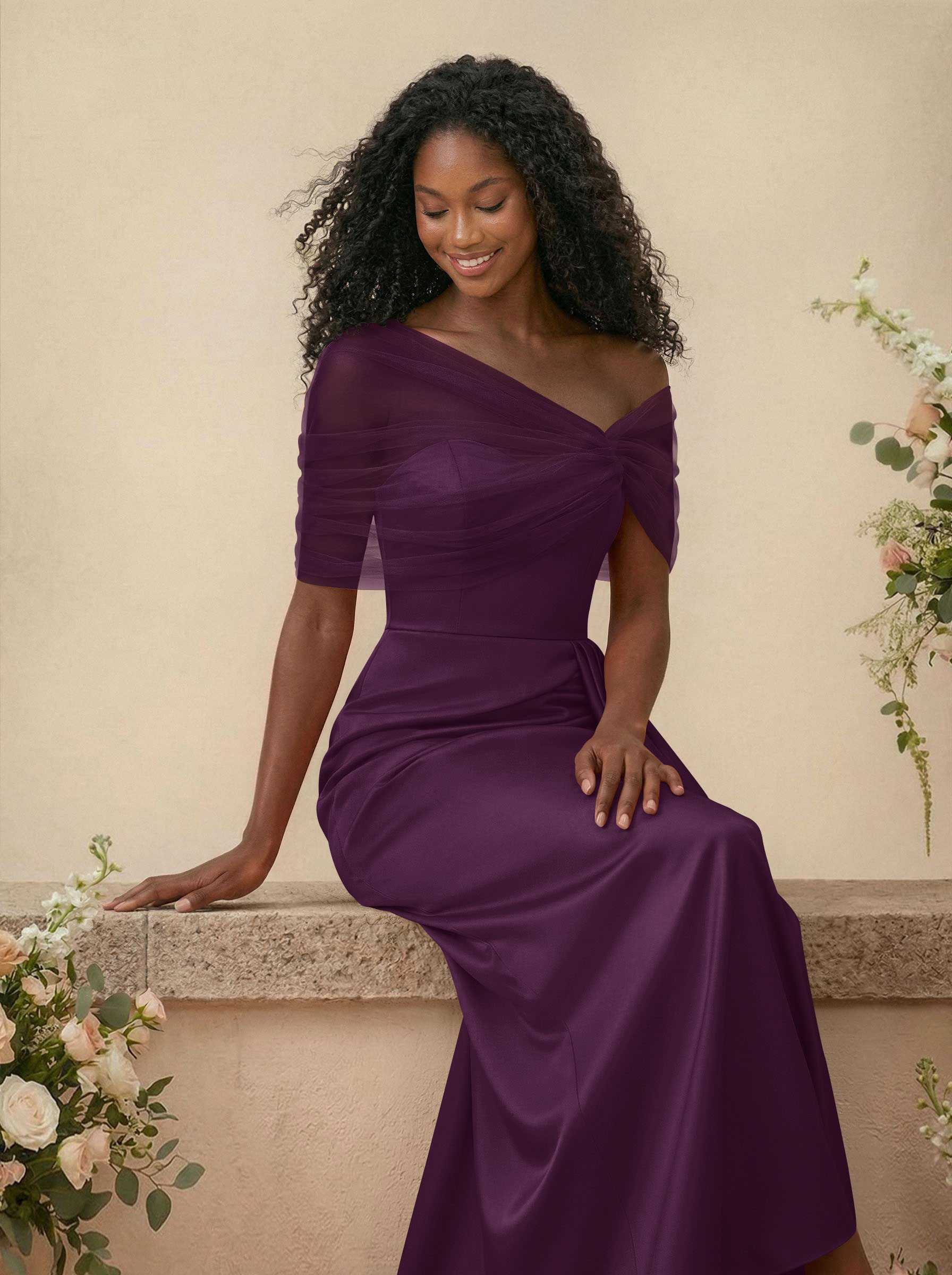 Trumpet/Mermaid Off-The-Shoulder Satin/Tulle Bridesmaid Dresses With Split Front, product image 140