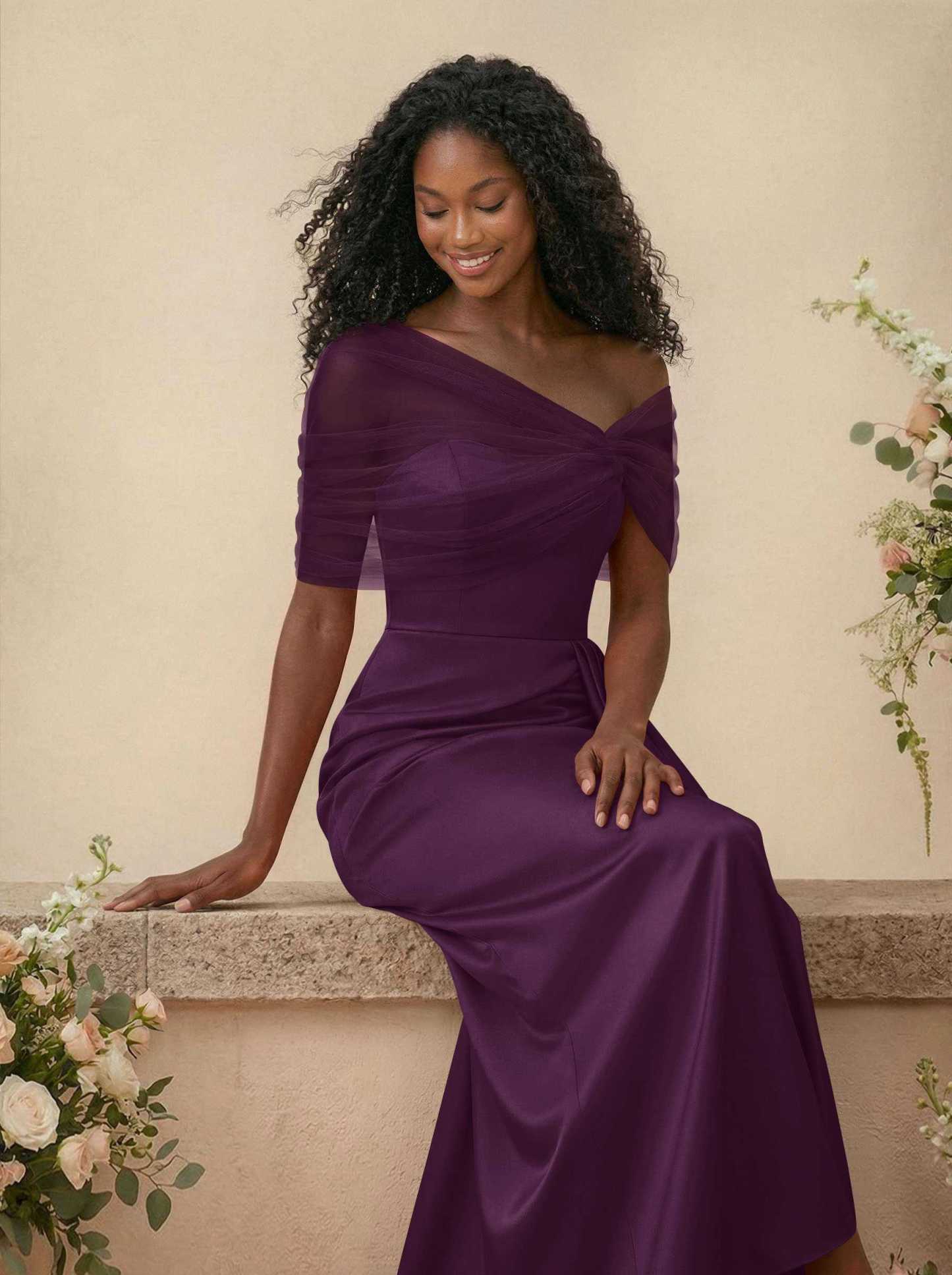 Trumpet/Mermaid Off-The-Shoulder Satin/Tulle Bridesmaid Dresses With Split Front, product image 140