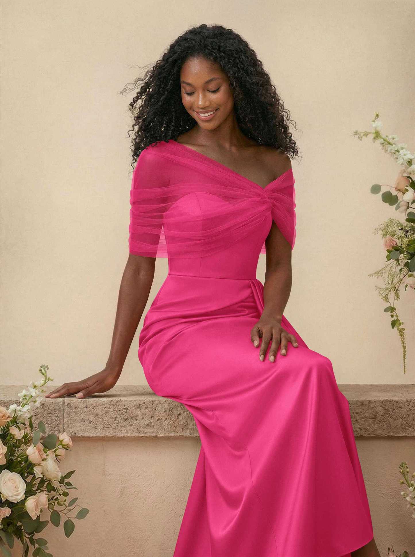 Trumpet/Mermaid Off-The-Shoulder Satin/Tulle Bridesmaid Dresses With Split Front, product image 232