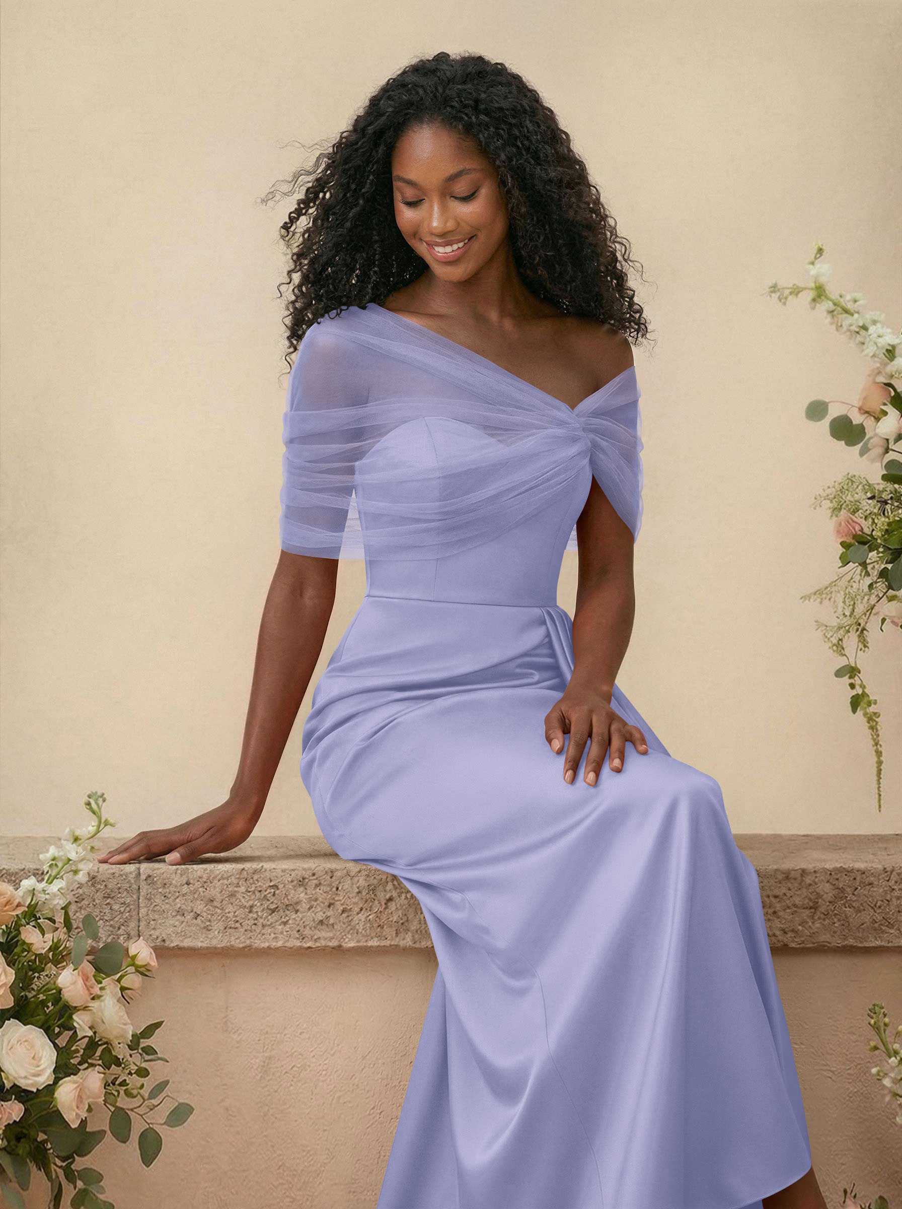 Trumpet/Mermaid Off-The-Shoulder Satin/Tulle Bridesmaid Dresses With Split Front, product image 132