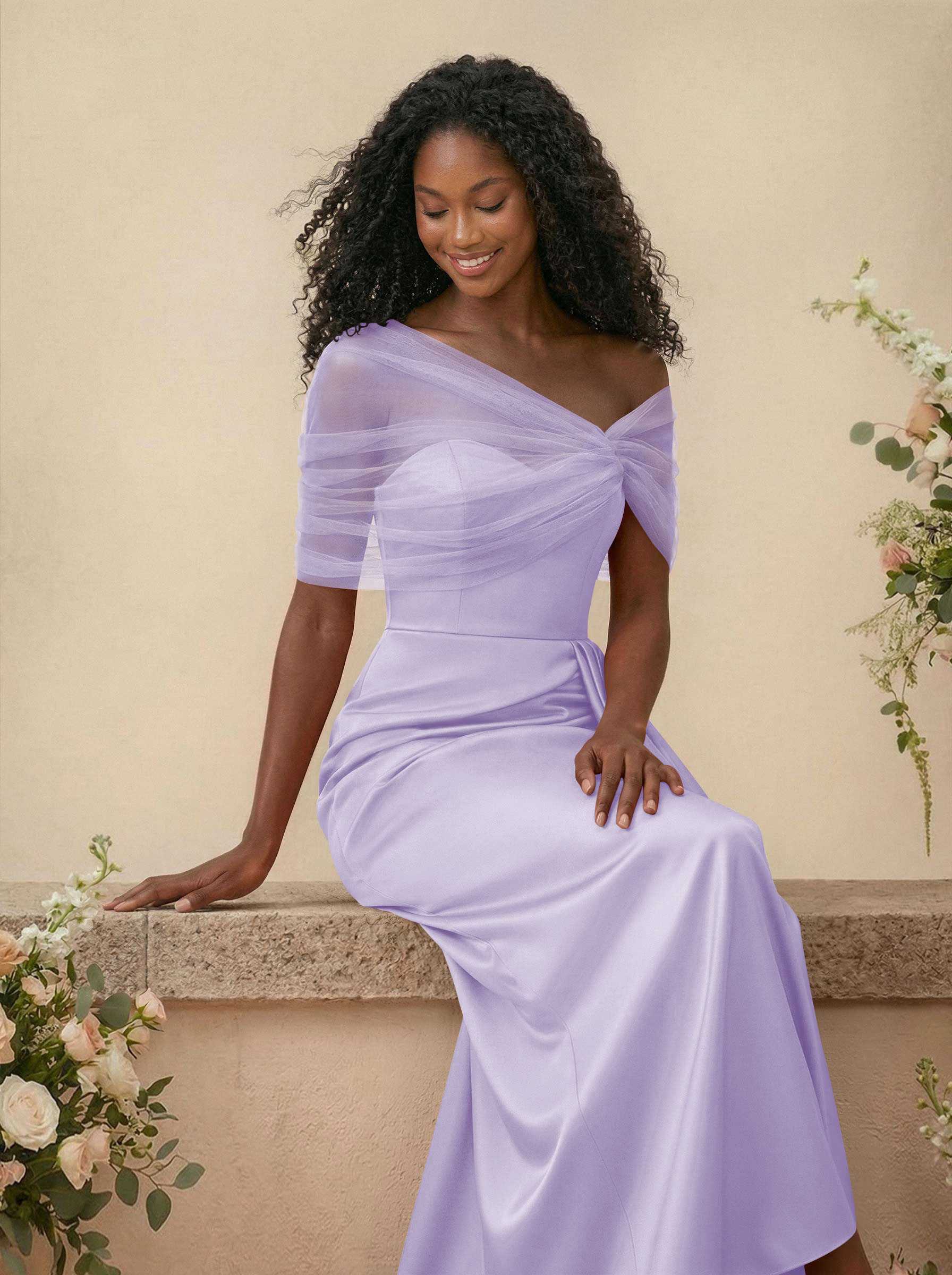 Trumpet/Mermaid Off-The-Shoulder Satin/Tulle Bridesmaid Dresses With Split Front, product image 128