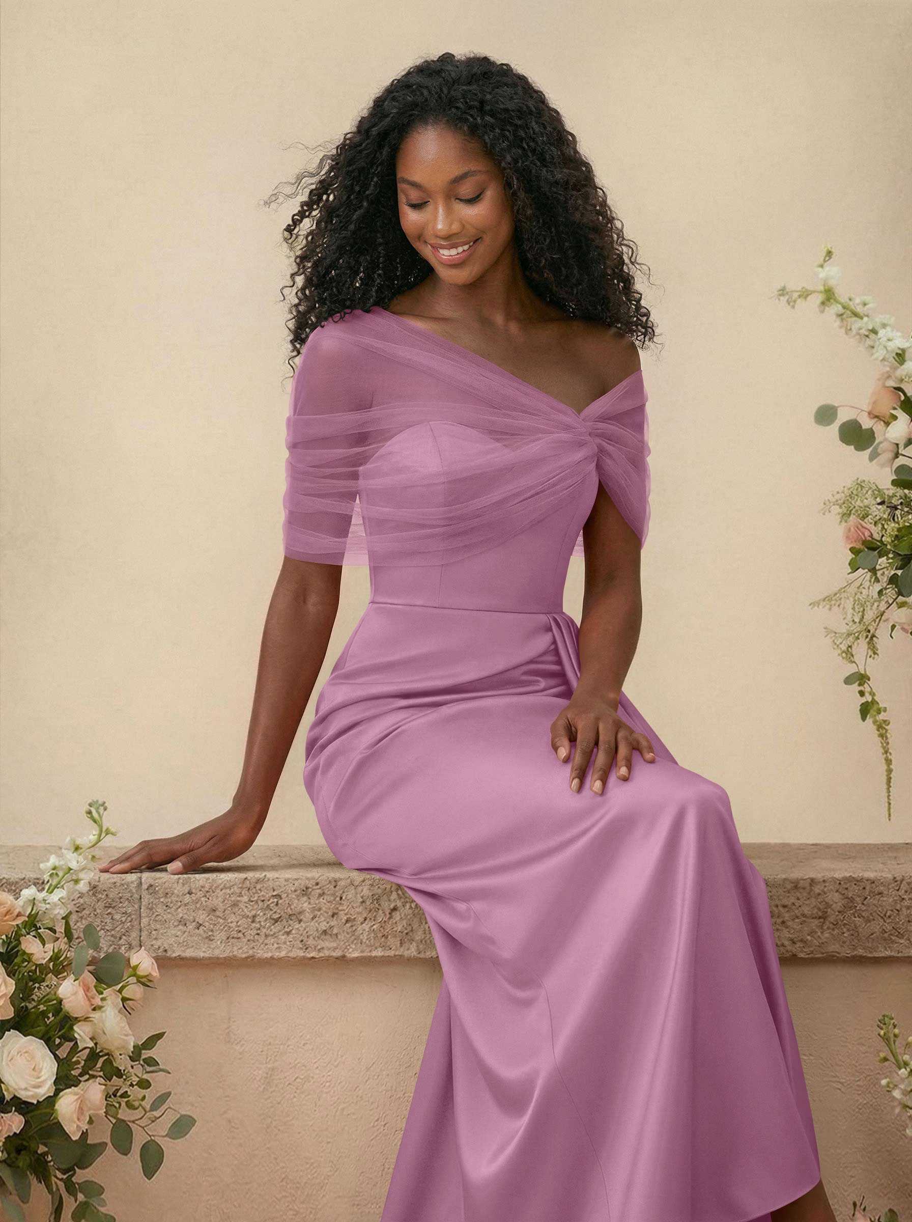 Trumpet/Mermaid Off-The-Shoulder Satin/Tulle Bridesmaid Dresses With Split Front, product image 124