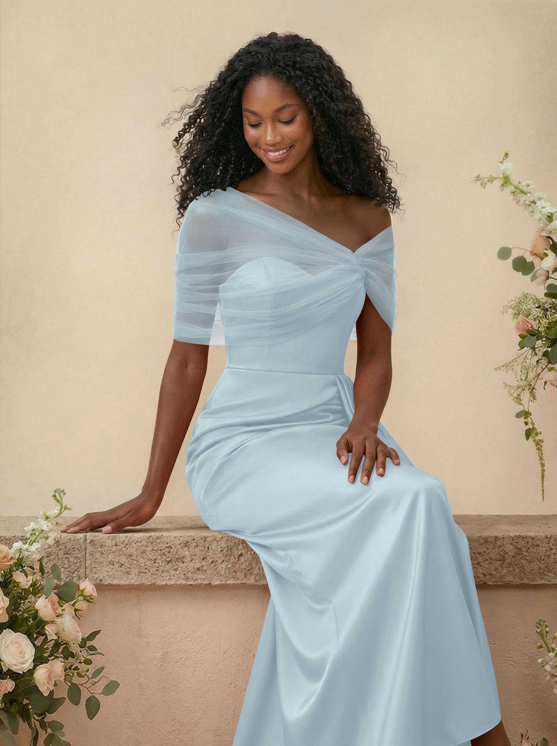 Trumpet/Mermaid Off-The-Shoulder Satin/Tulle Bridesmaid Dresses With Split Front, product image 52