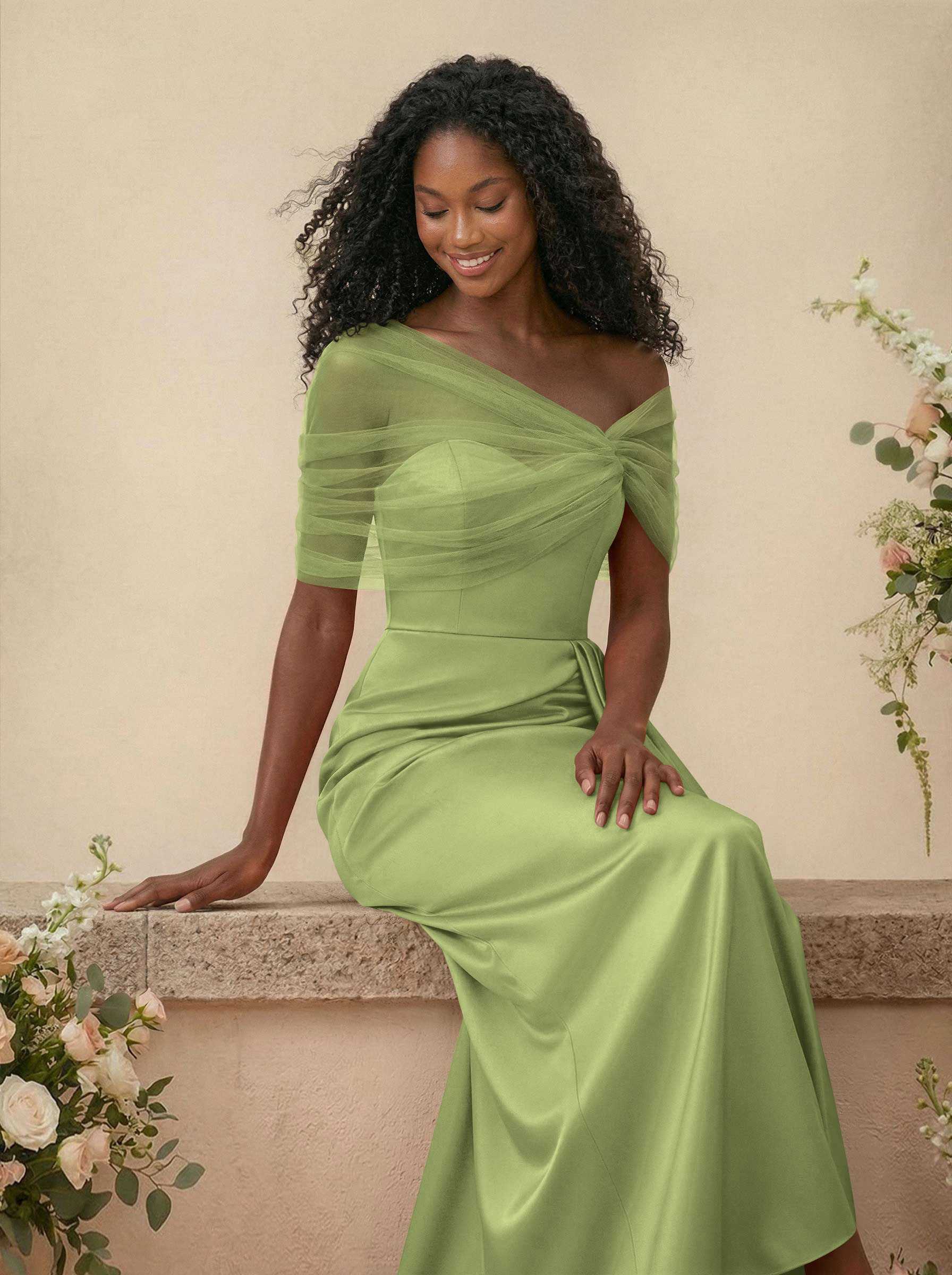 Trumpet/Mermaid Off-The-Shoulder Satin/Tulle Bridesmaid Dresses With Split Front, product image 264