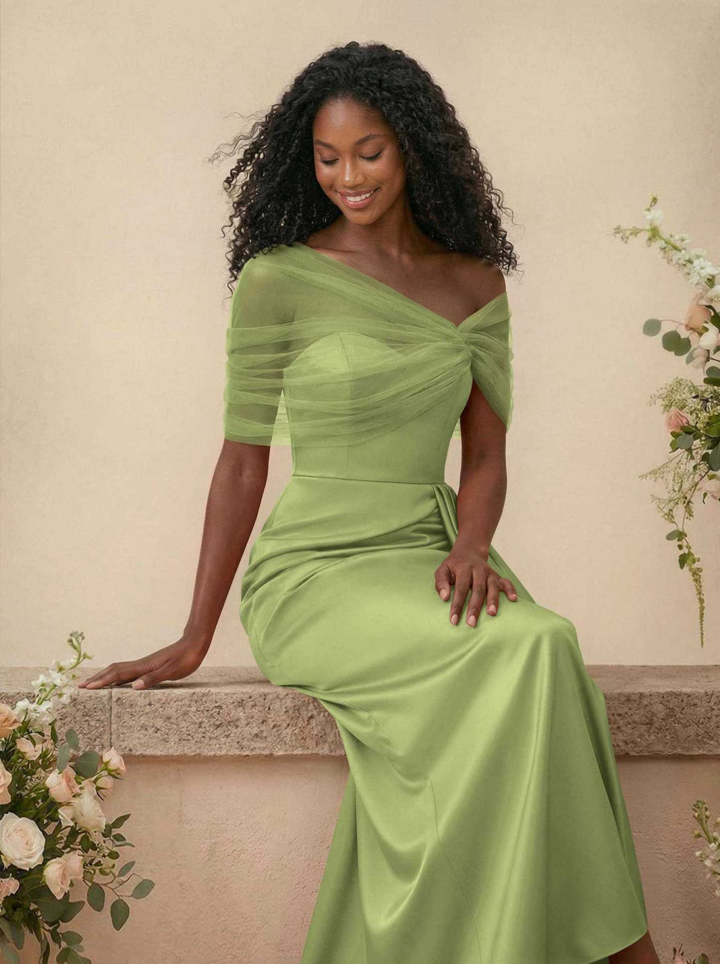 Trumpet/Mermaid Off-The-Shoulder Satin/Tulle Bridesmaid Dresses With Split Front, product image 264