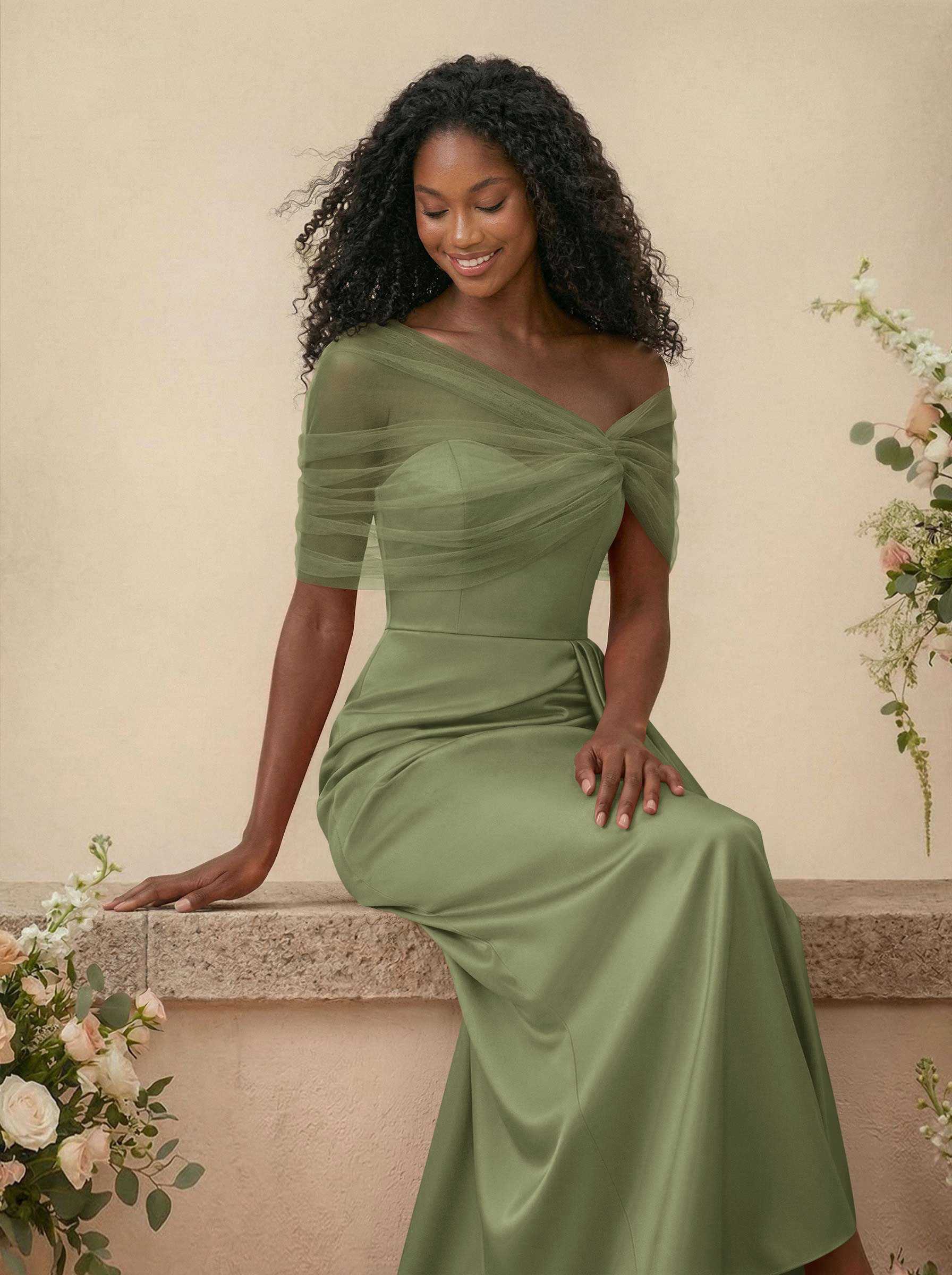 Trumpet/Mermaid Off-The-Shoulder Satin/Tulle Bridesmaid Dresses With Split Front, product image 240