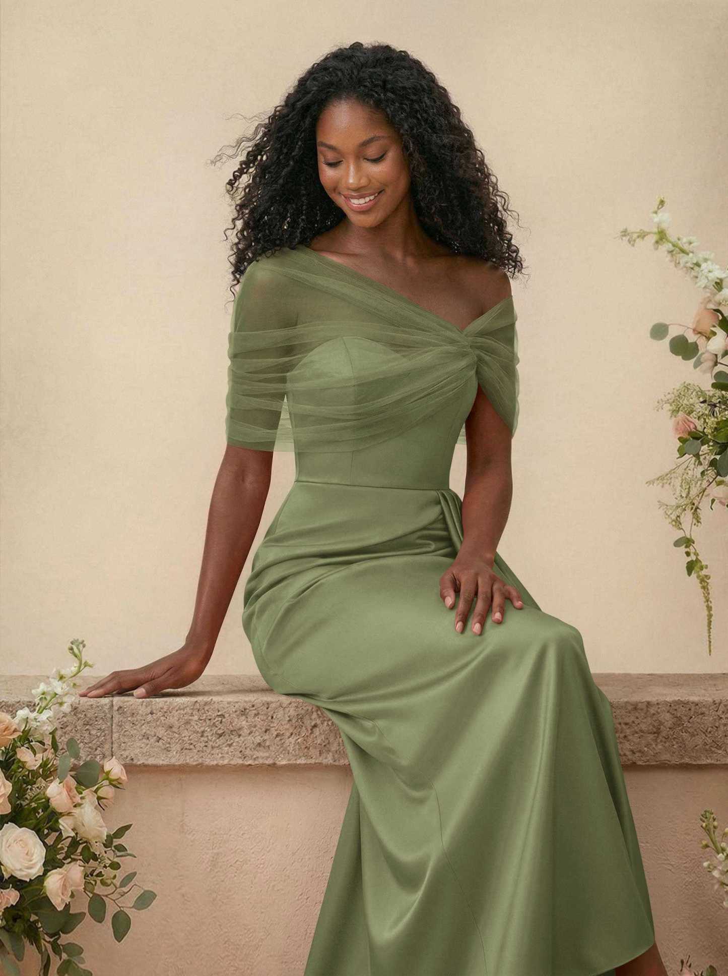 Trumpet/Mermaid Off-The-Shoulder Satin/Tulle Bridesmaid Dresses With Split Front, product image 240