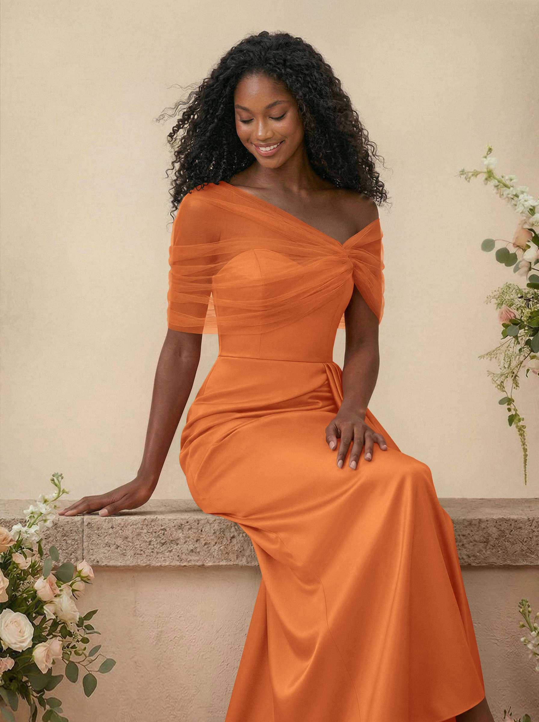 Trumpet/Mermaid Off-The-Shoulder Satin/Tulle Bridesmaid Dresses With Split Front, product image 204