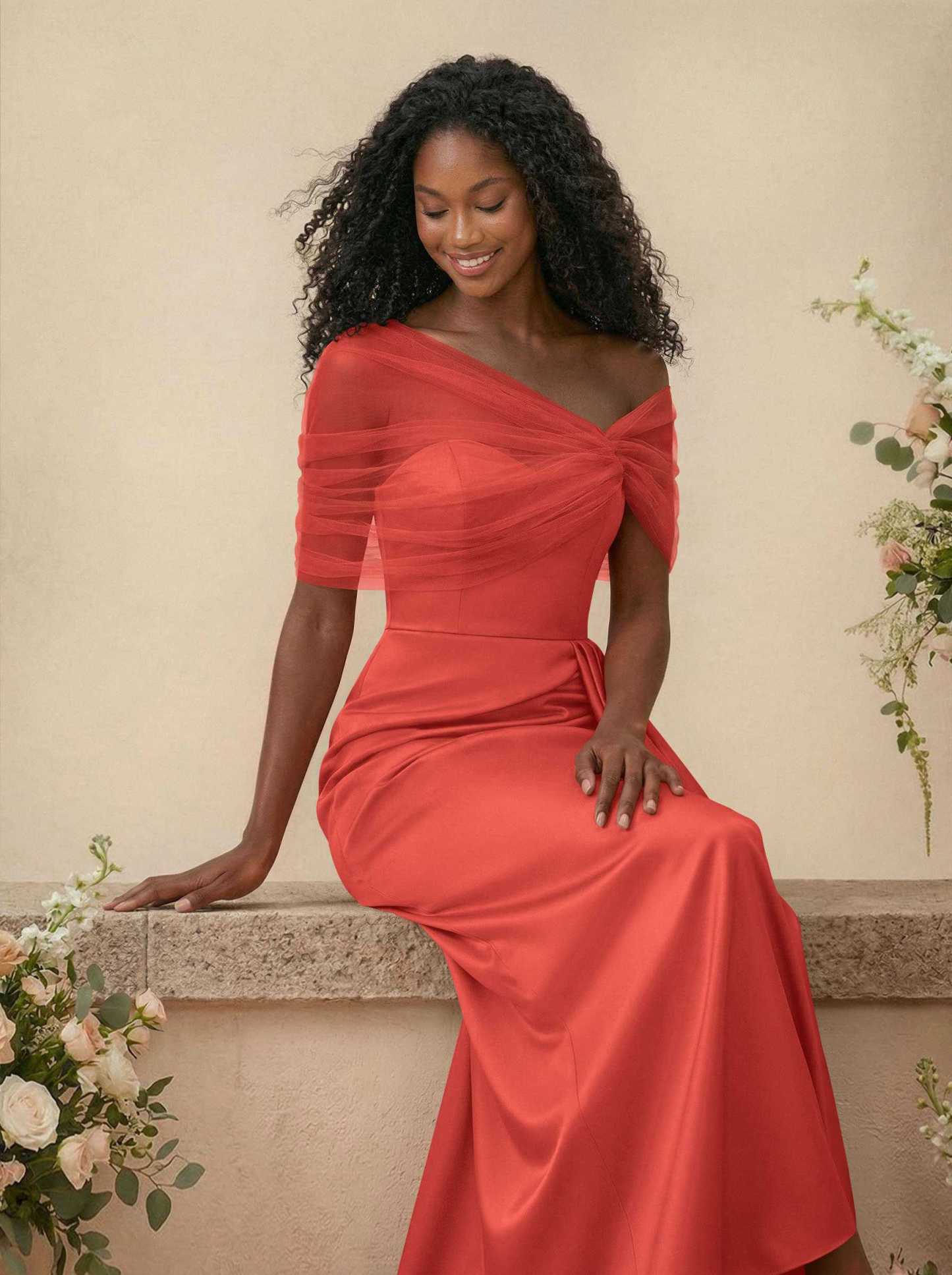 Trumpet/Mermaid Off-The-Shoulder Satin/Tulle Bridesmaid Dresses With Split Front, product image 4