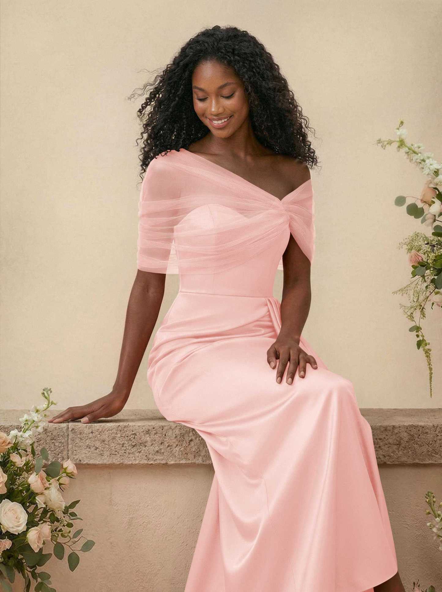 Trumpet/Mermaid Off-The-Shoulder Satin/Tulle Bridesmaid Dresses With Split Front, product image 88