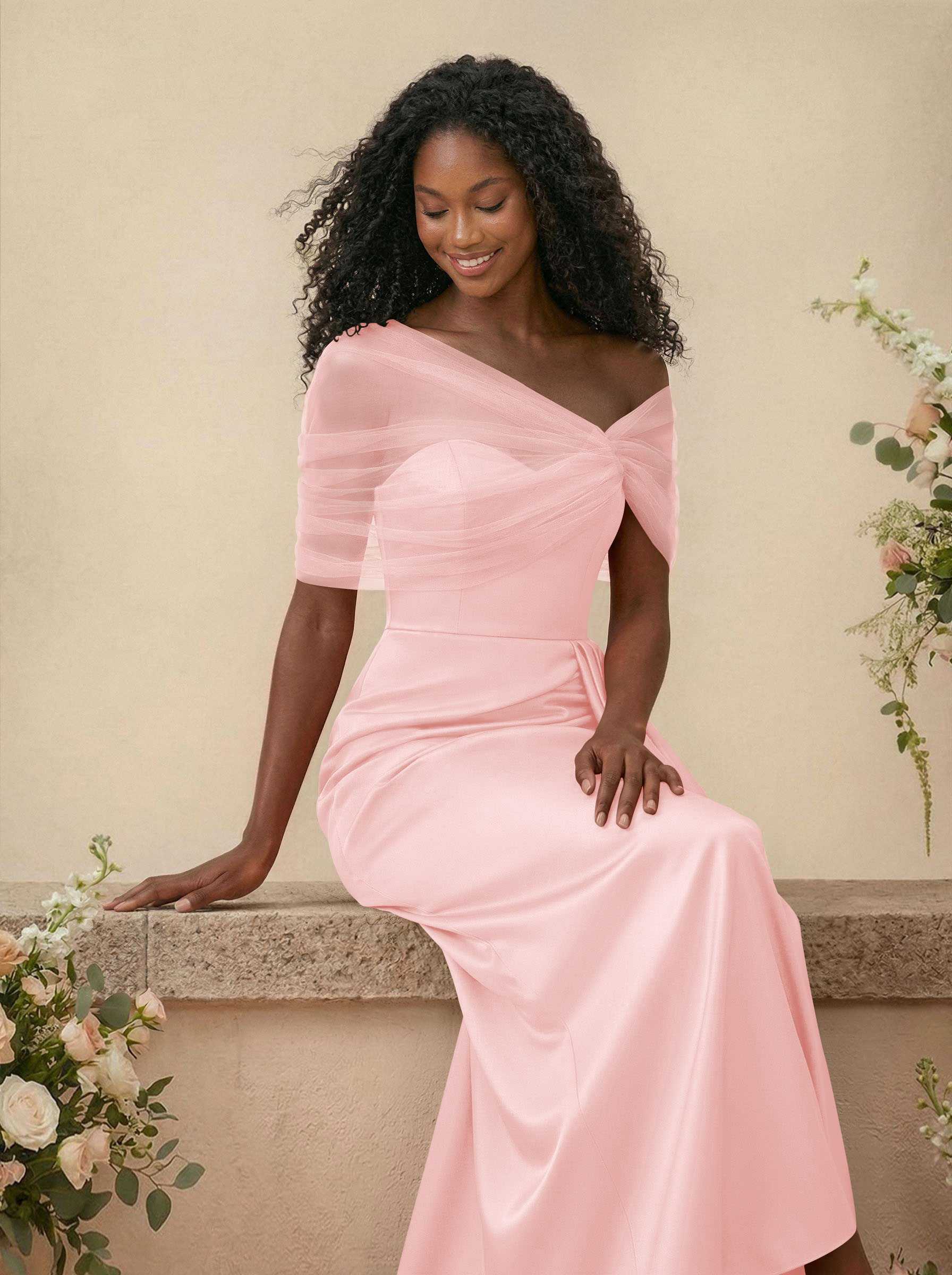 Trumpet/Mermaid Off-The-Shoulder Satin/Tulle Bridesmaid Dresses With Split Front, product image 96