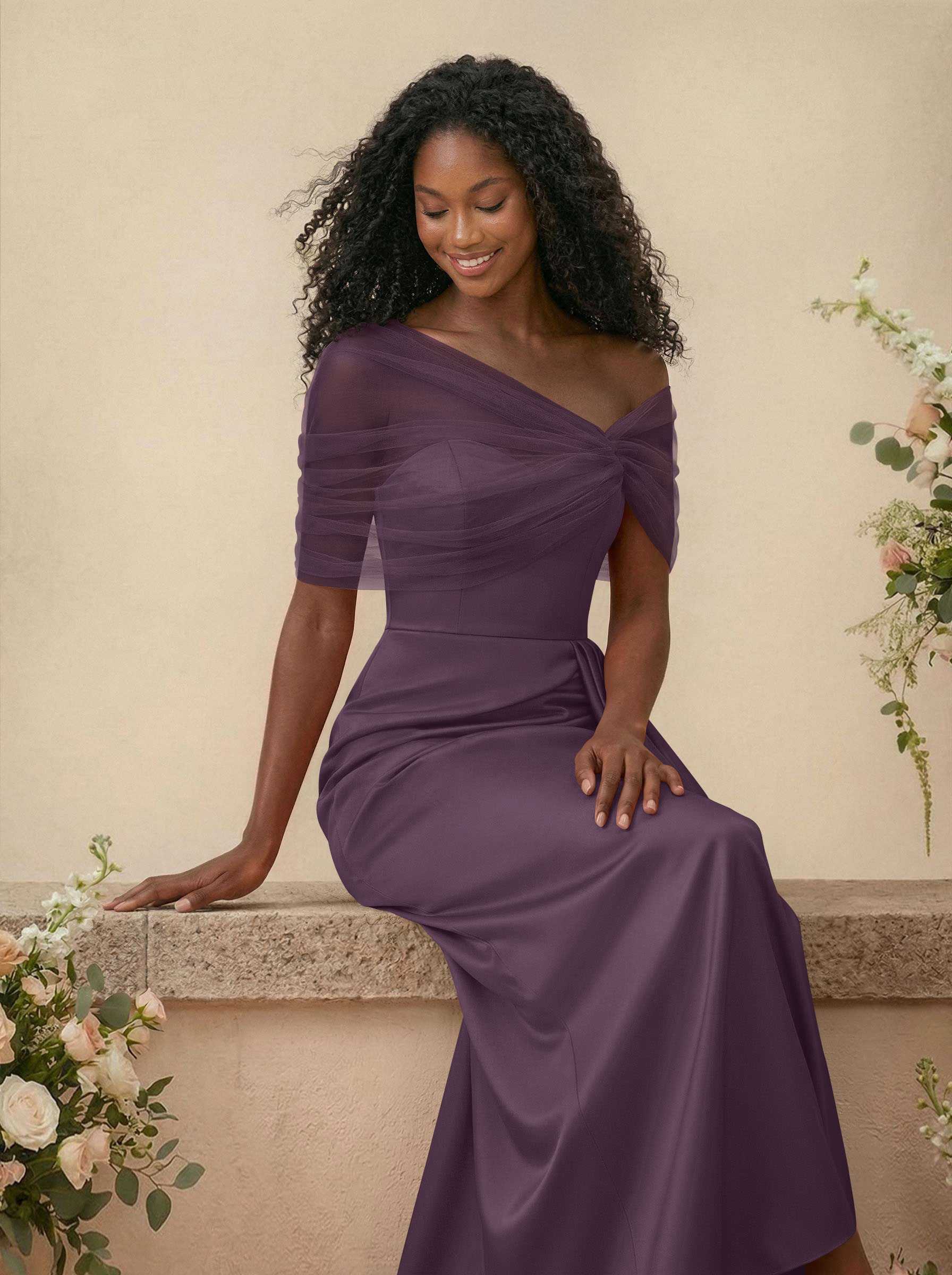 Trumpet/Mermaid Off-The-Shoulder Satin/Tulle Bridesmaid Dresses With Split Front, product image 236