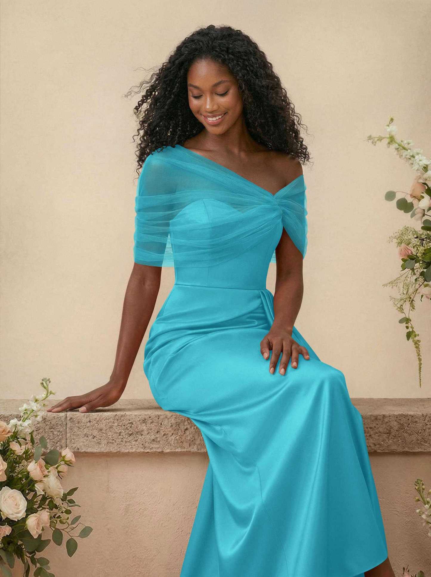 Trumpet/Mermaid Off-The-Shoulder Satin/Tulle Bridesmaid Dresses With Split Front, product image 40