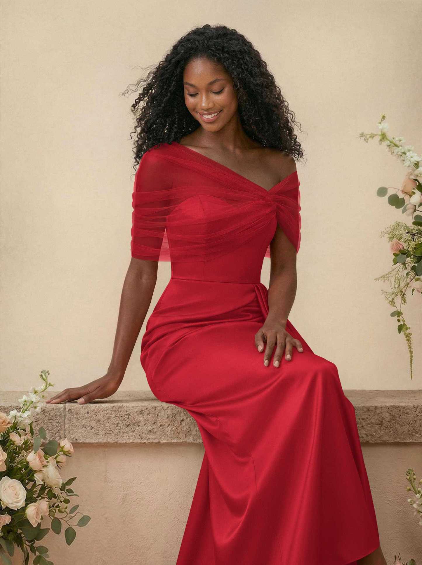 Trumpet/Mermaid Off-The-Shoulder Satin/Tulle Bridesmaid Dresses With Split Front, product image 72