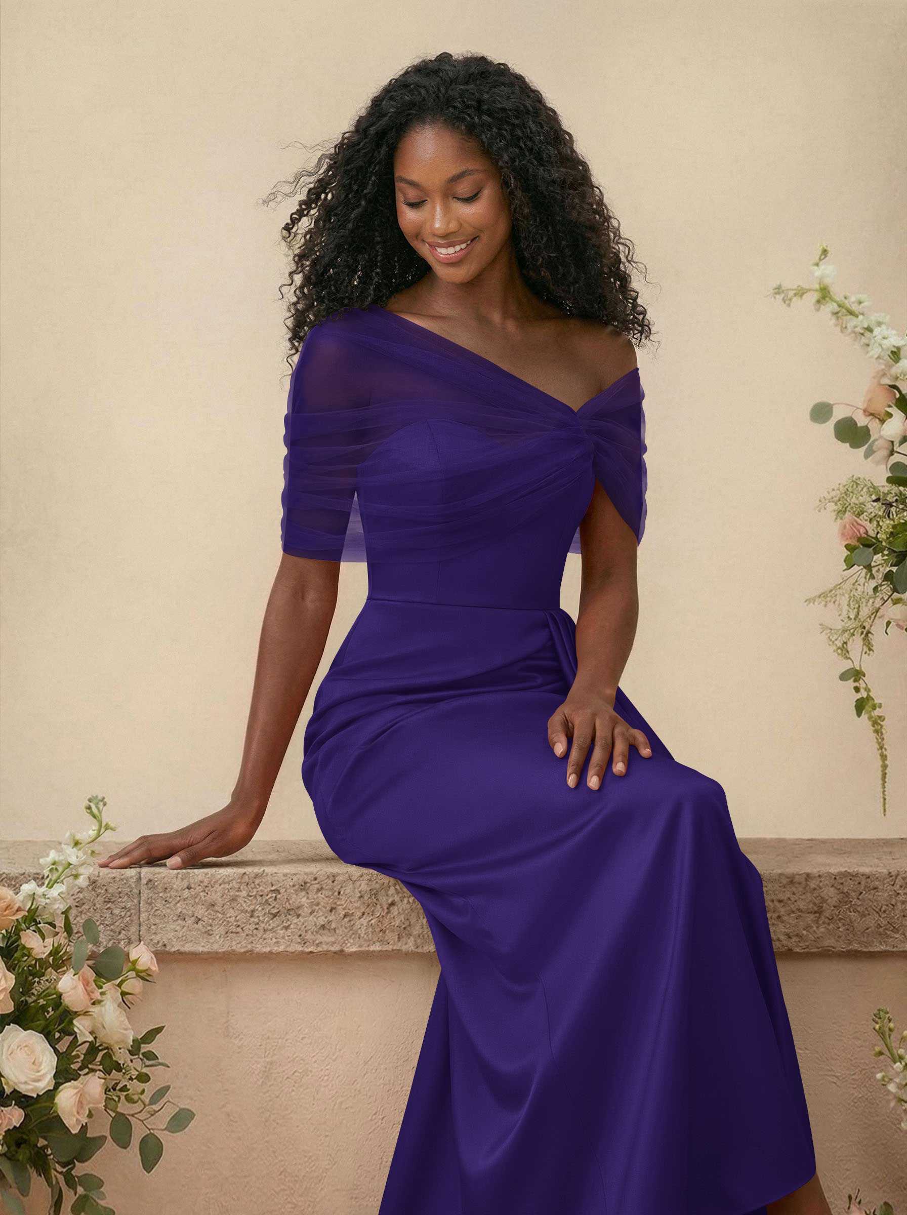 Trumpet/Mermaid Off-The-Shoulder Satin/Tulle Bridesmaid Dresses With Split Front, product image 152
