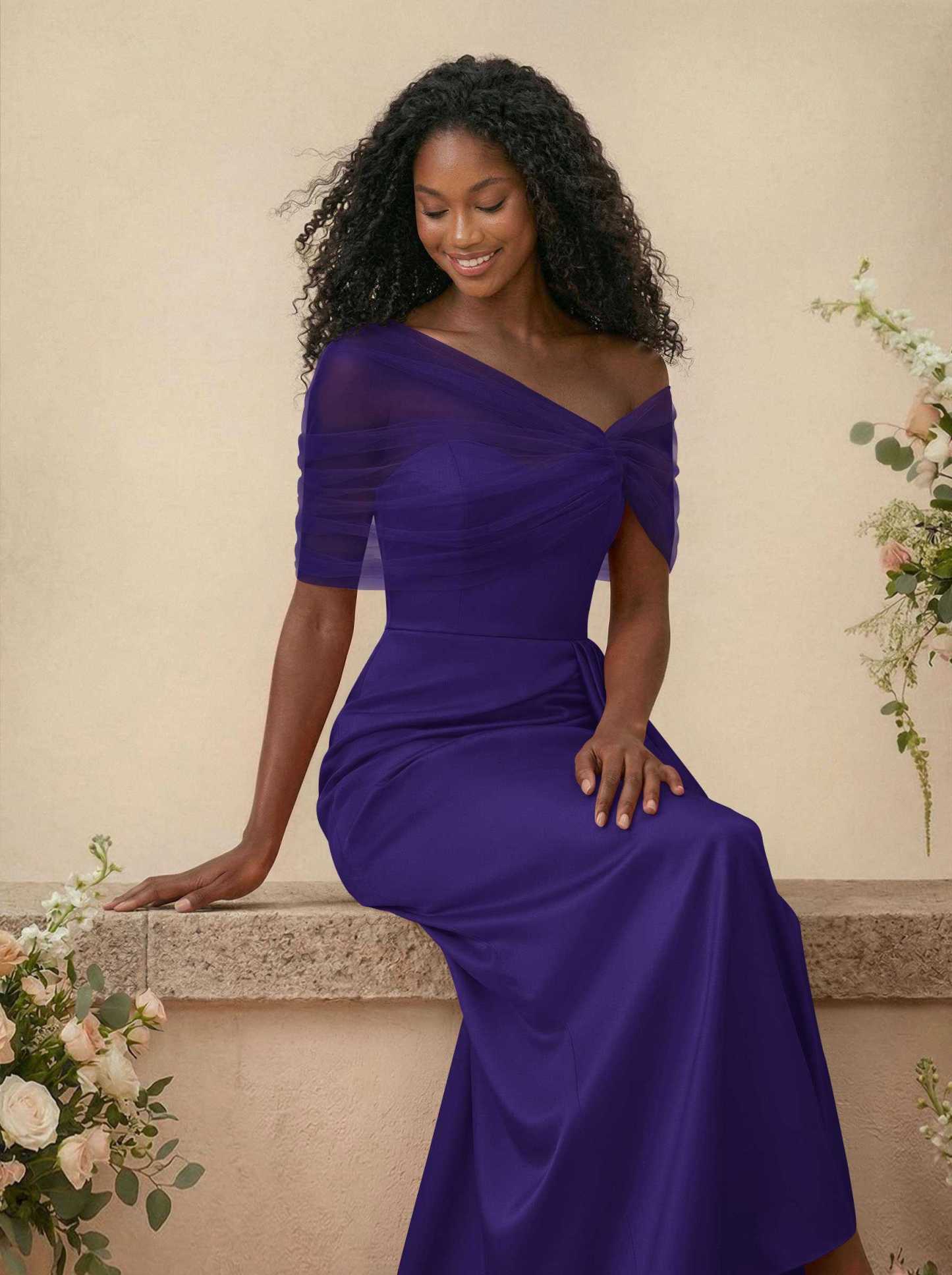 Trumpet/Mermaid Off-The-Shoulder Satin/Tulle Bridesmaid Dresses With Split Front, product image 152