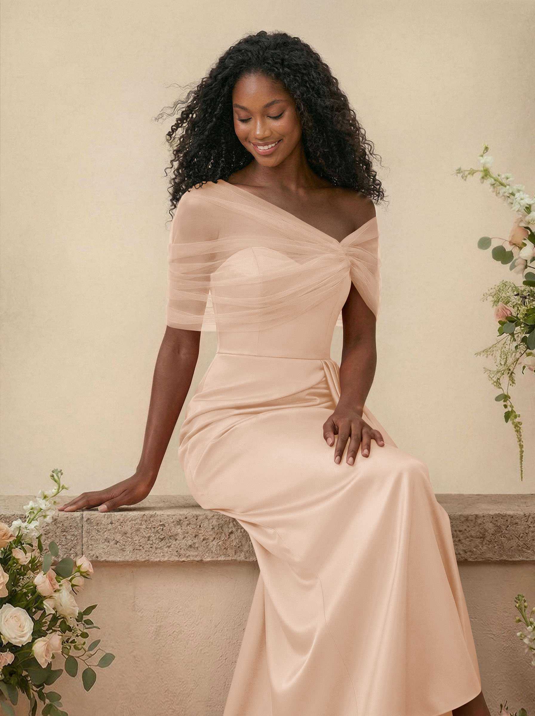 Trumpet/Mermaid Off-The-Shoulder Satin/Tulle Bridesmaid Dresses With Split Front, product image 252