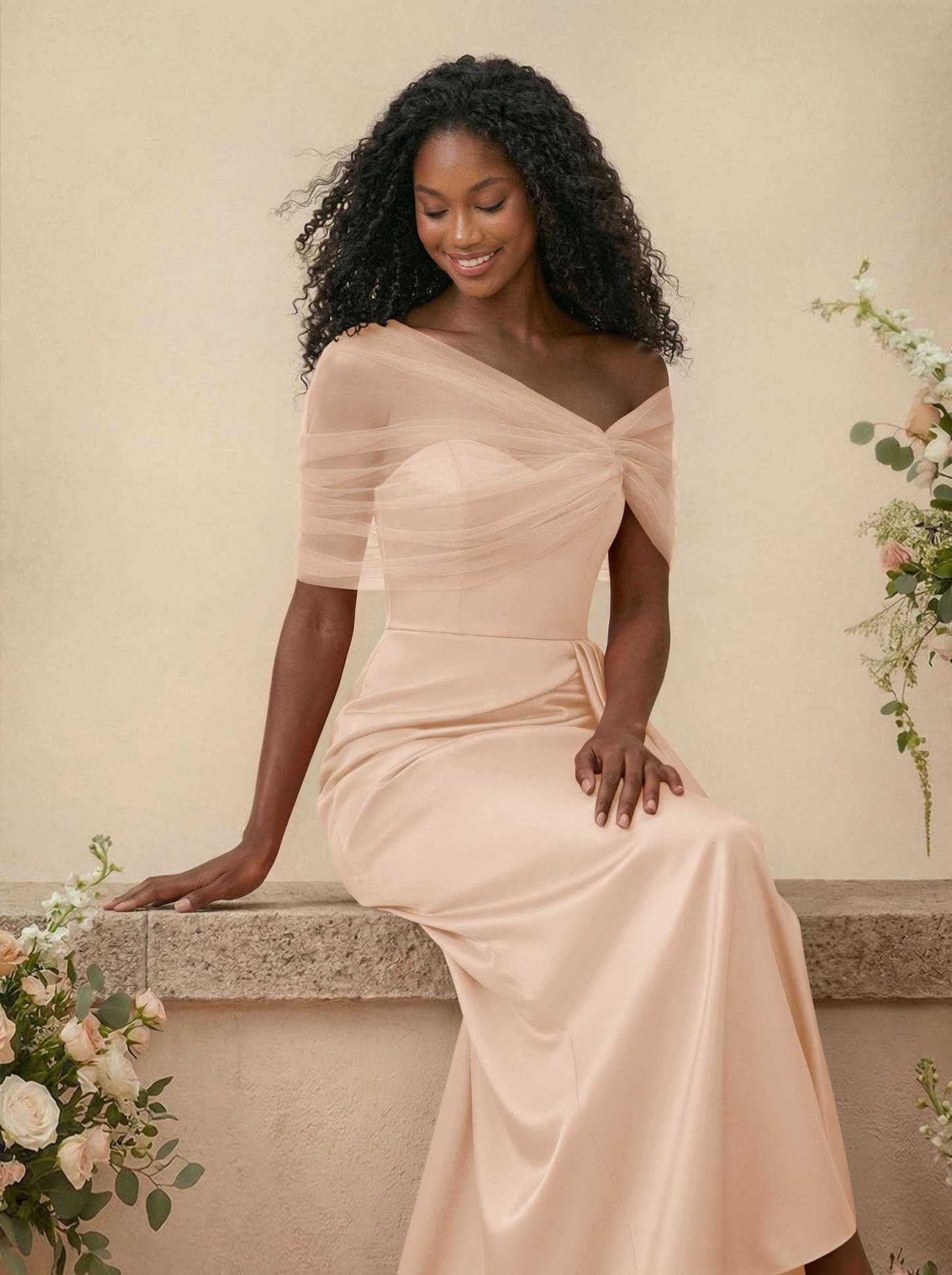 Trumpet/Mermaid Off-The-Shoulder Satin/Tulle Bridesmaid Dresses With Split Front, product image 252