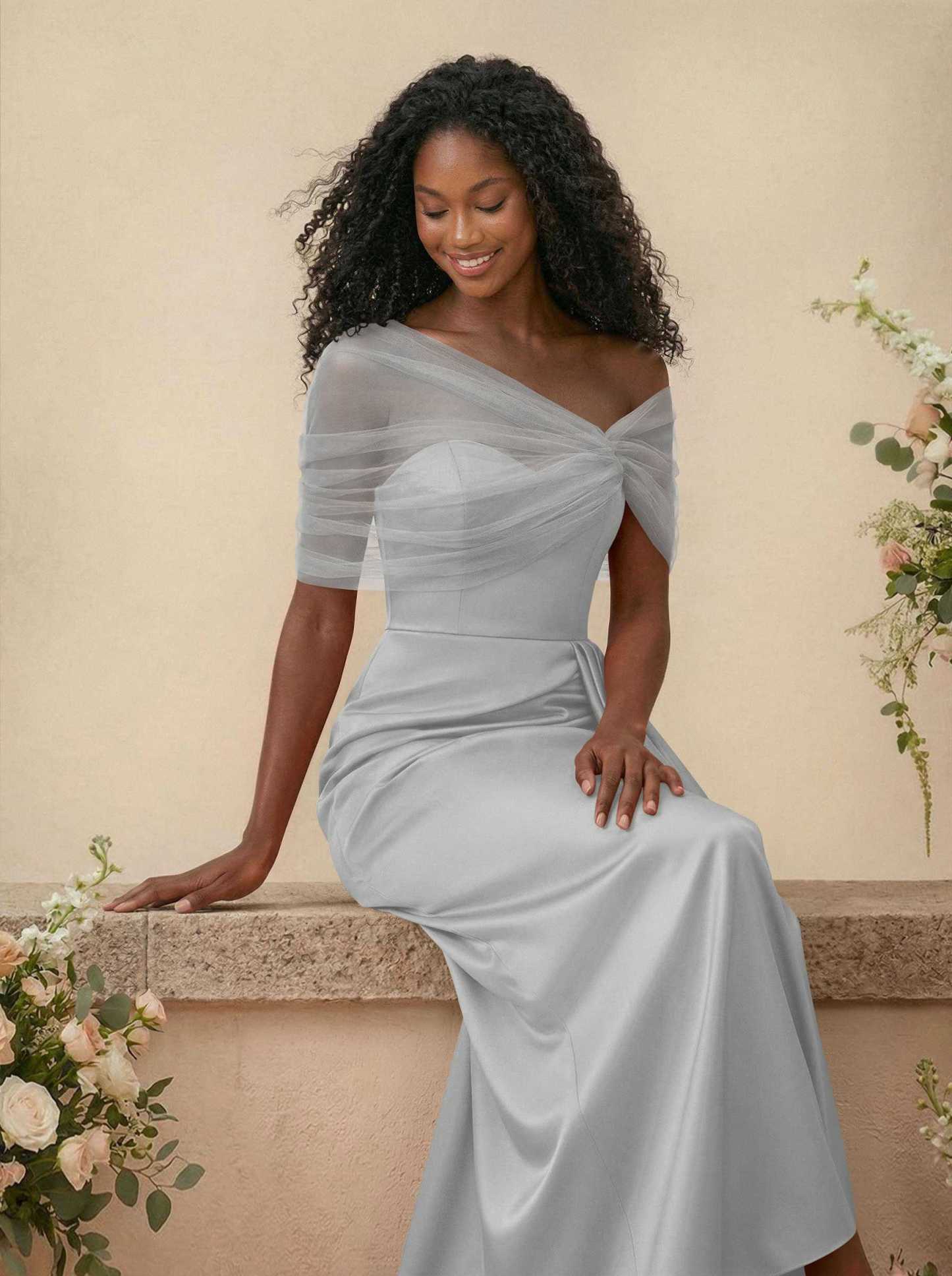 Trumpet/Mermaid Off-The-Shoulder Satin/Tulle Bridesmaid Dresses With Split Front, product image 220