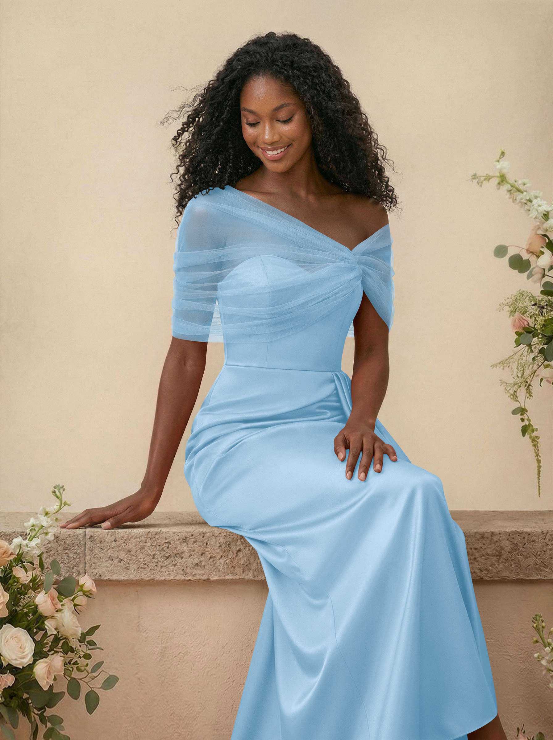 Trumpet/Mermaid Off-The-Shoulder Satin/Tulle Bridesmaid Dresses With Split Front, product image 48