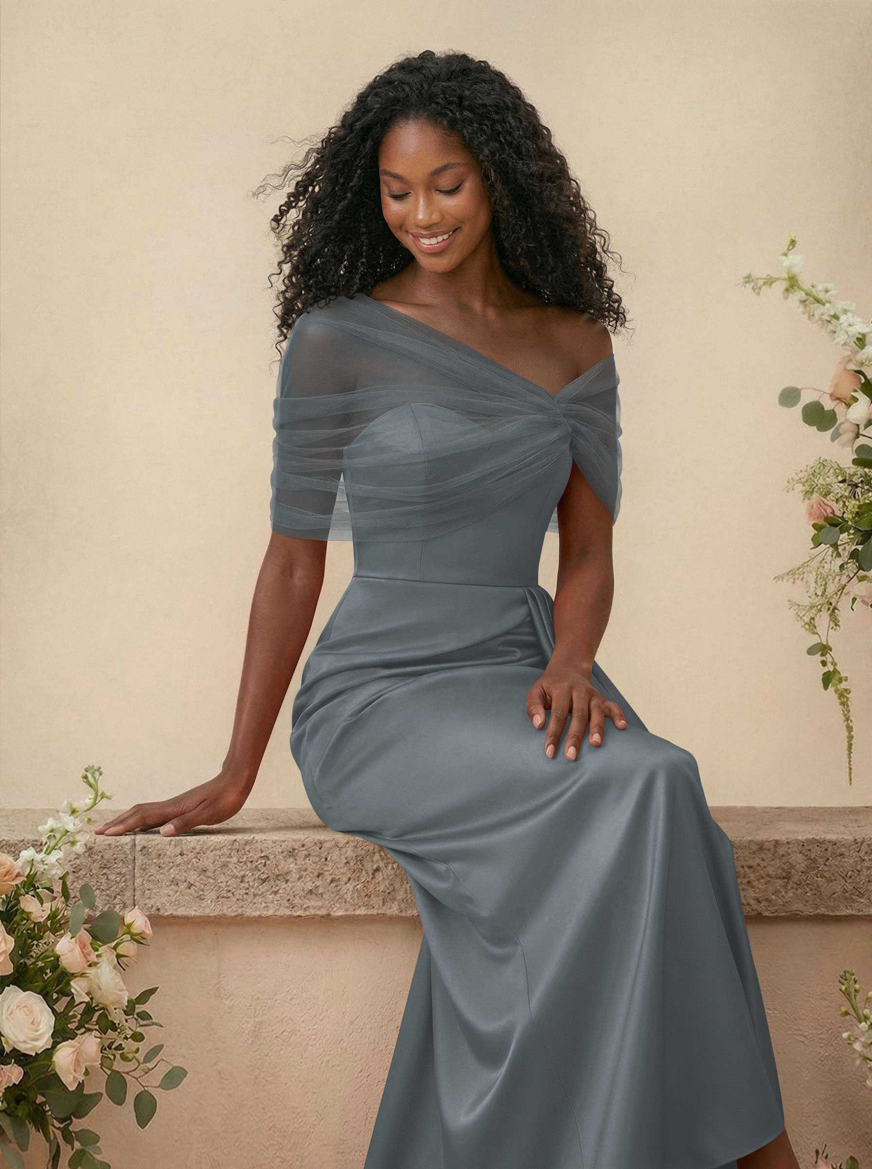 Trumpet/Mermaid Off-The-Shoulder Satin/Tulle Bridesmaid Dresses With Split Front, product image 224