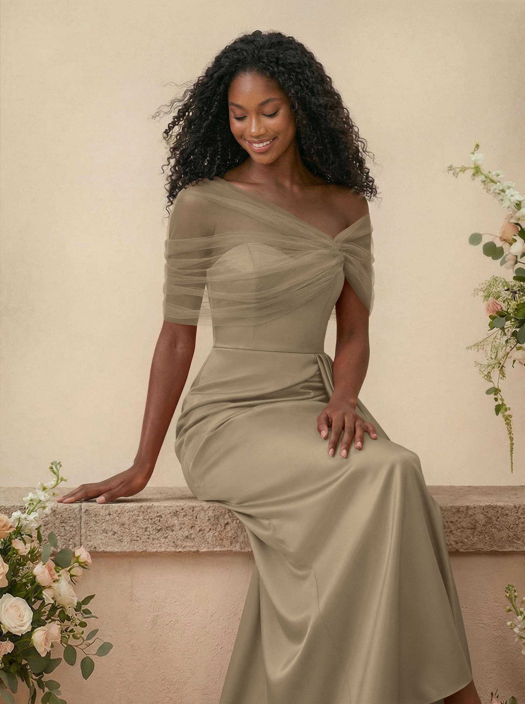 Trumpet/Mermaid Off-The-Shoulder Satin/Tulle Bridesmaid Dresses With Split Front, product image 192