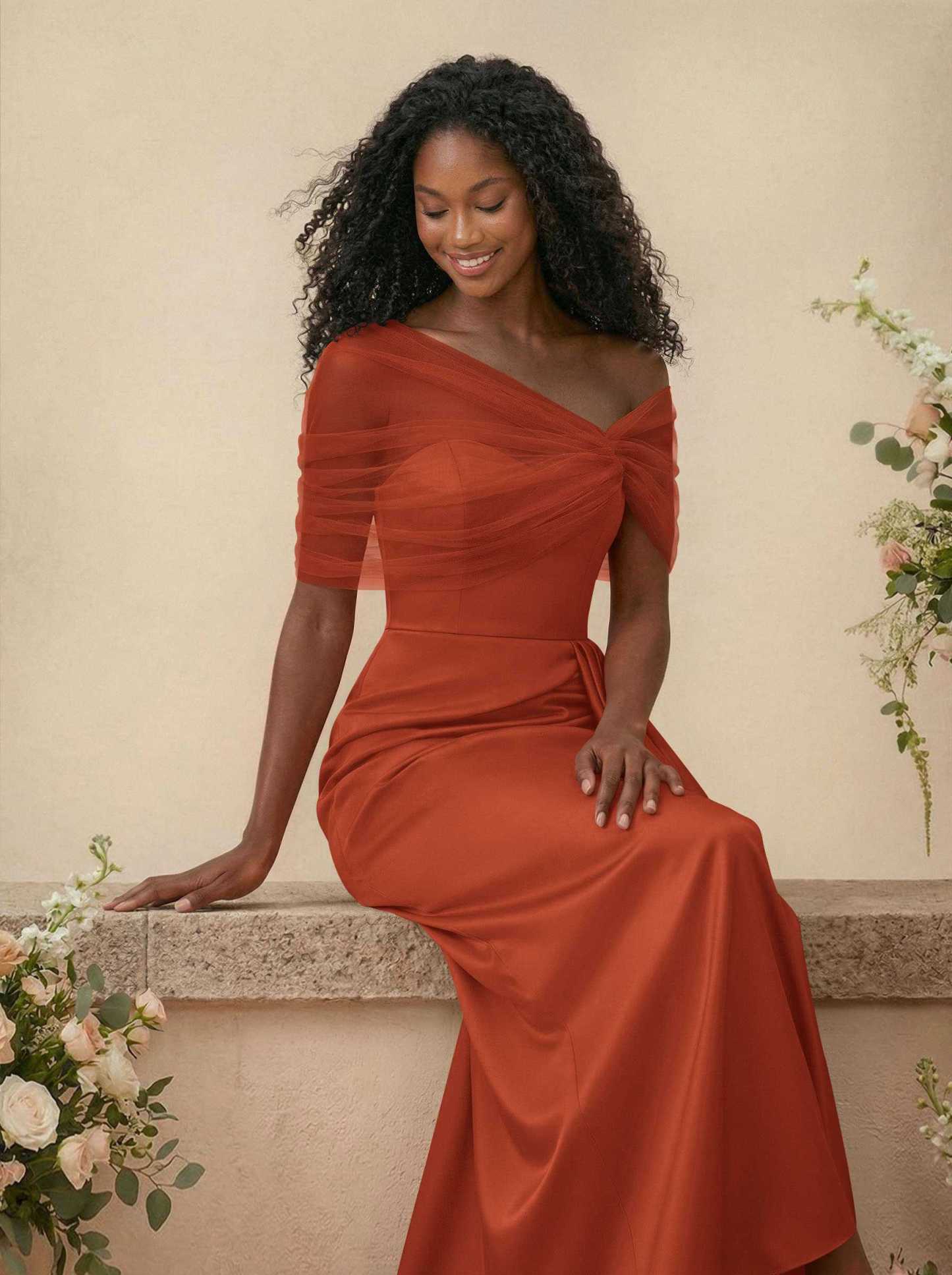 Trumpet/Mermaid Off-The-Shoulder Satin/Tulle Bridesmaid Dresses With Split Front, product image 268