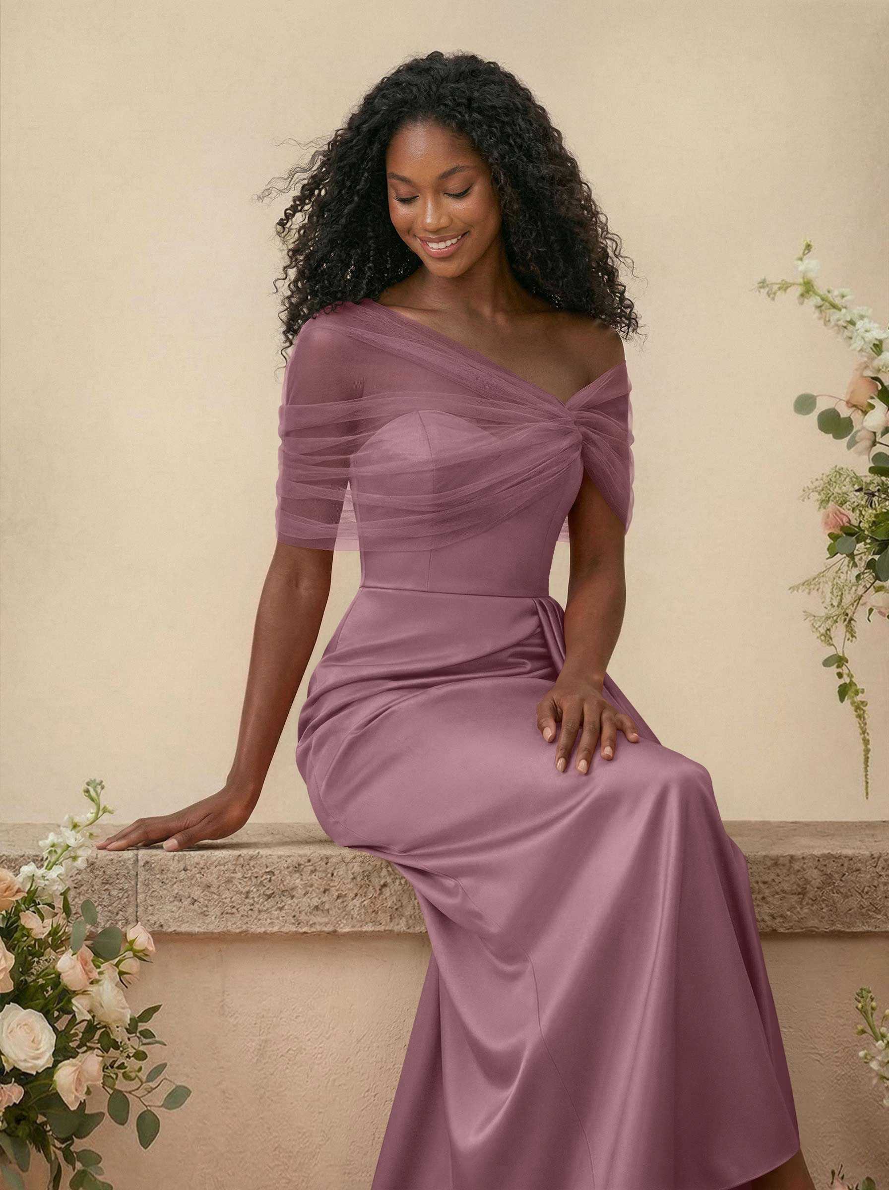 Trumpet/Mermaid Off-The-Shoulder Satin/Tulle Bridesmaid Dresses With Split Front, product image 120
