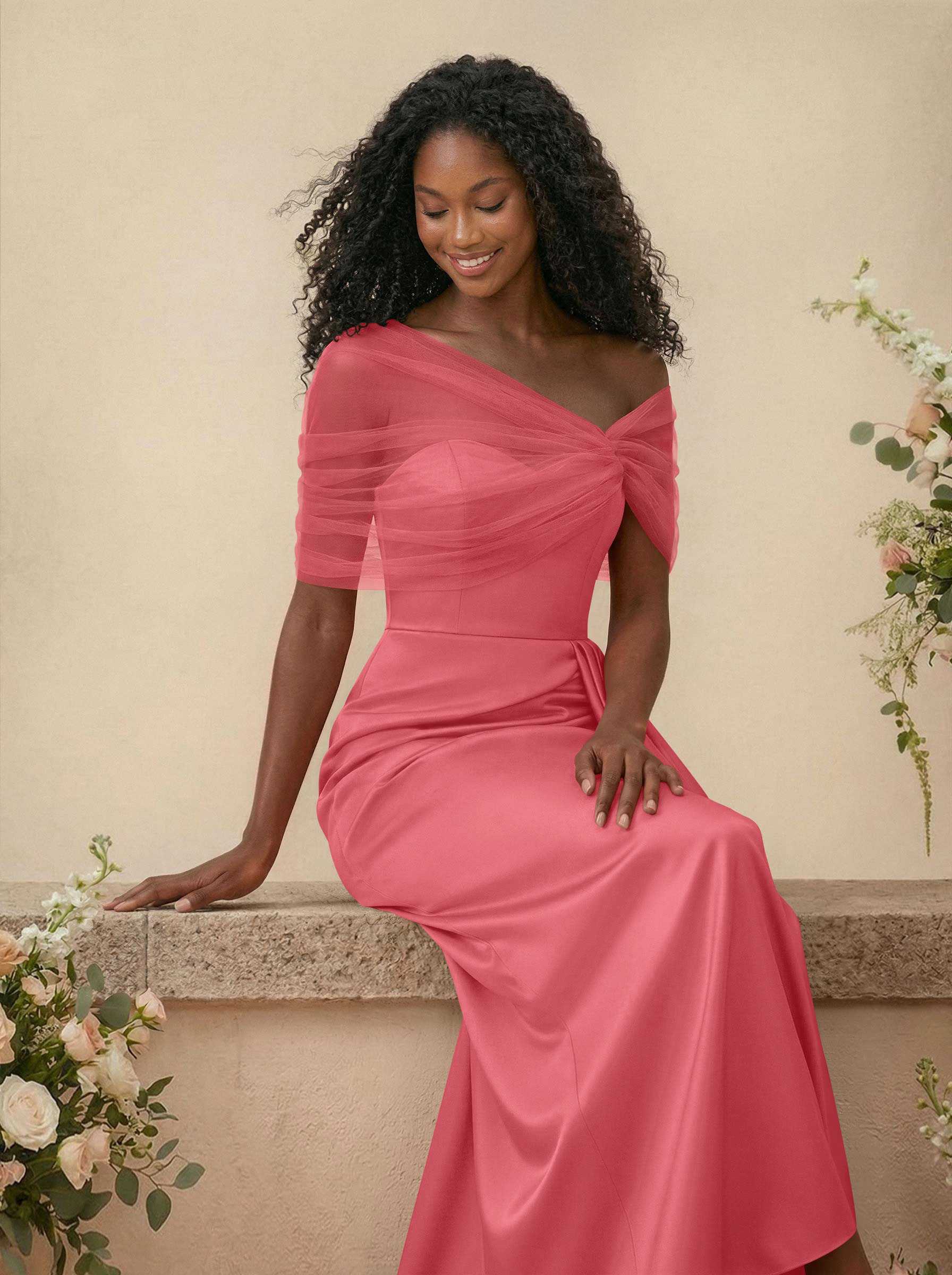 Trumpet/Mermaid Off-The-Shoulder Satin/Tulle Bridesmaid Dresses With Split Front, product image 80