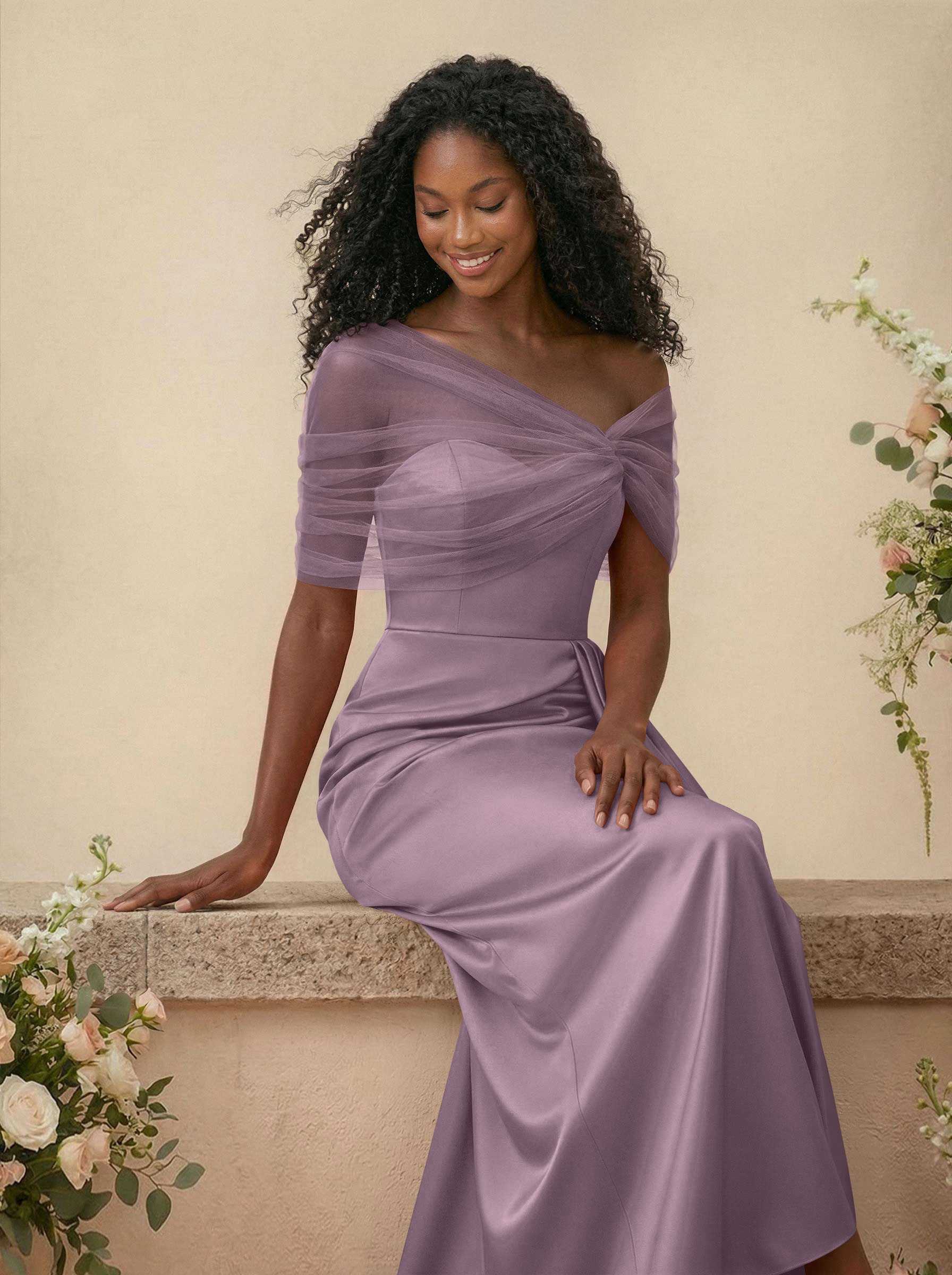 Trumpet/Mermaid Off-The-Shoulder Satin/Tulle Bridesmaid Dresses With Split Front, product image 116