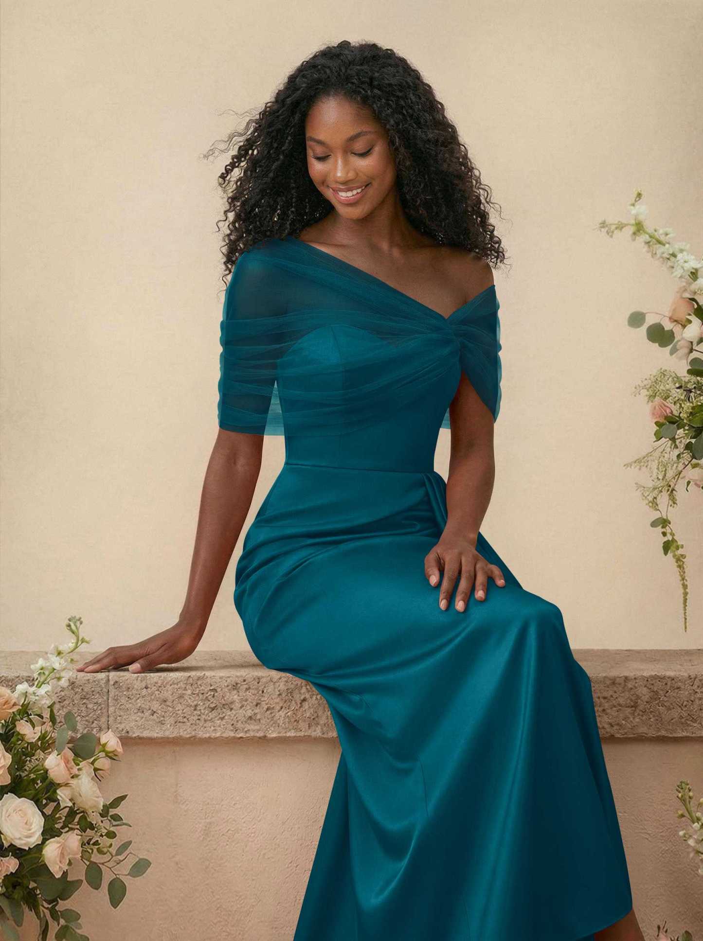Trumpet/Mermaid Off-The-Shoulder Satin/Tulle Bridesmaid Dresses With Split Front, product image 28