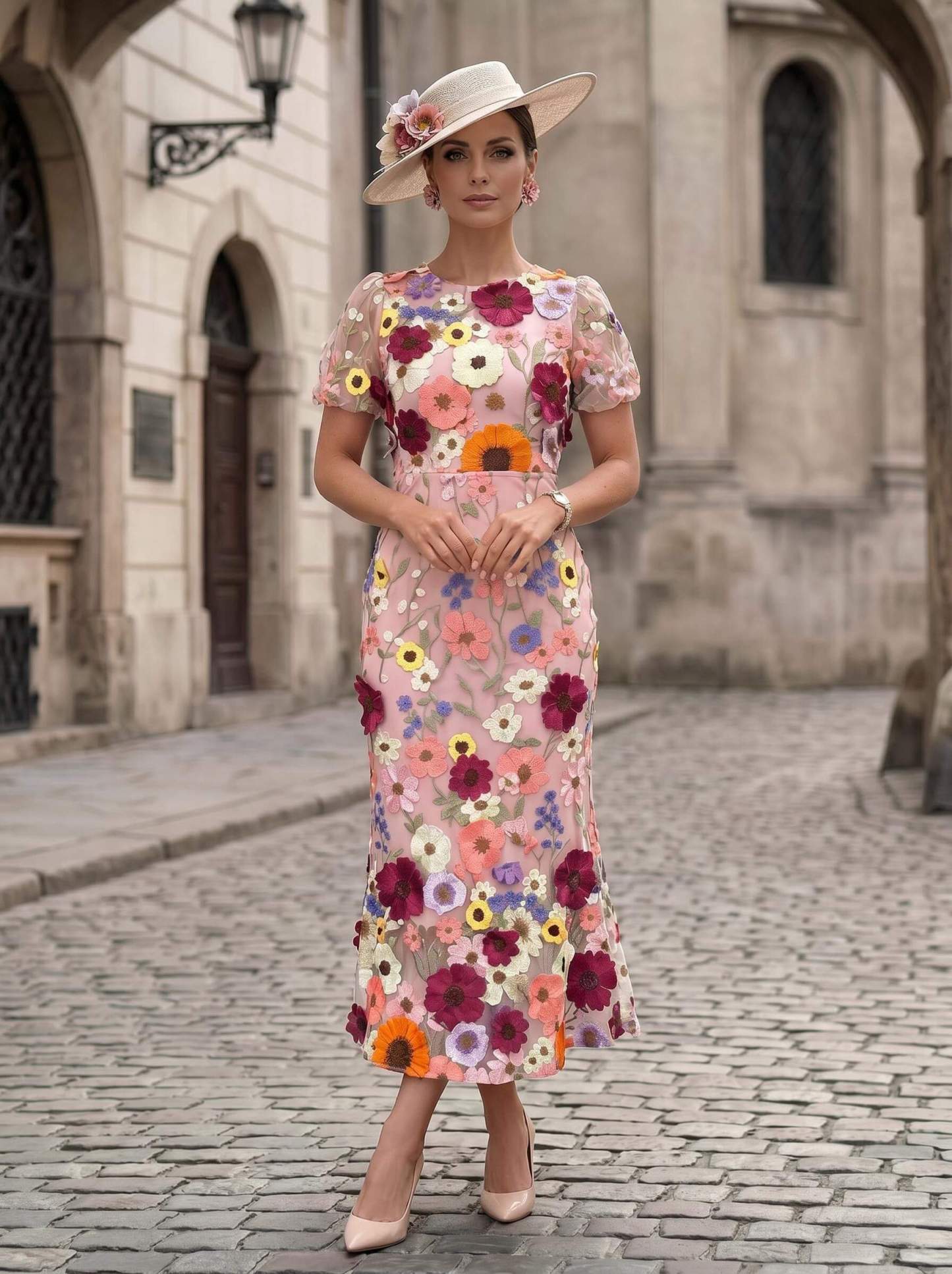 Sheath/Column Scoop Neck Short Sleeves Ankle-Length Evening Dresses With Appliques Lace/Flower(s) in As Picture, US2