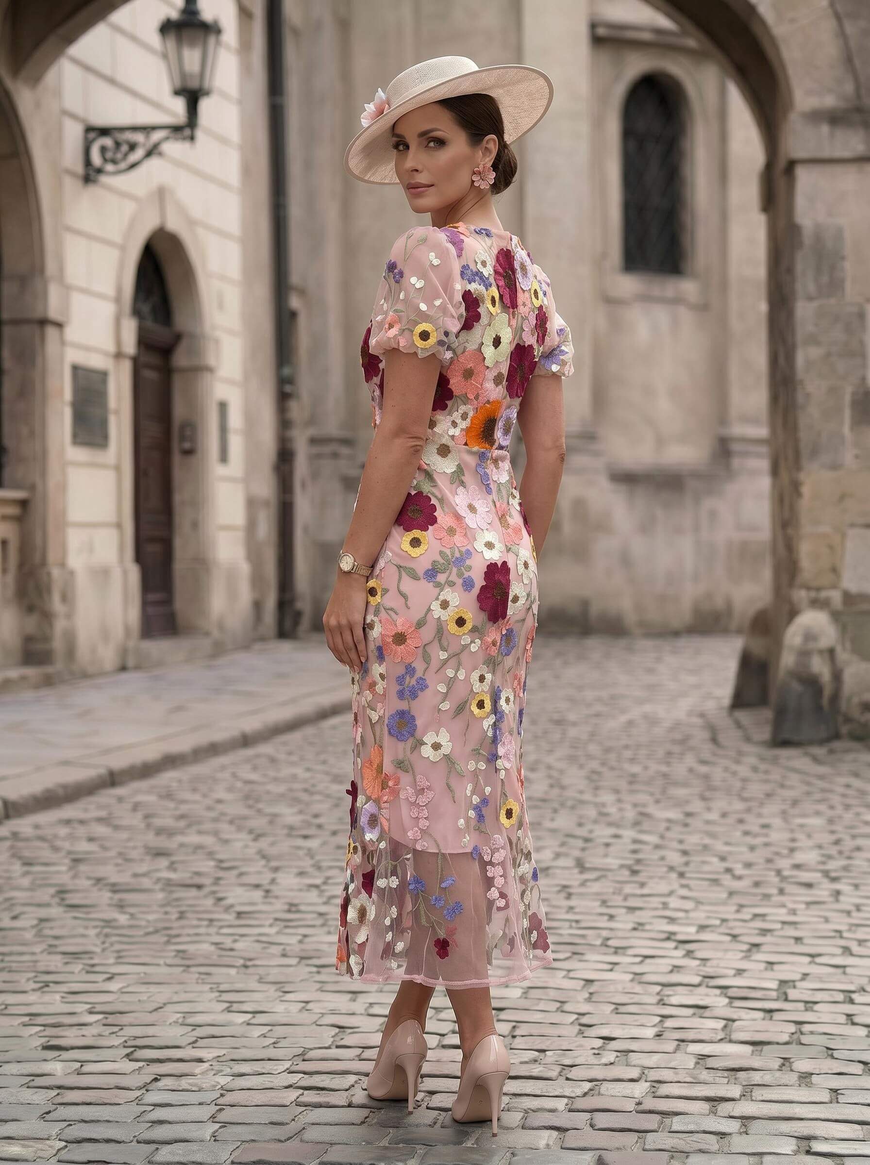 Sheath/Column Scoop Neck Short Sleeves Ankle-Length Evening Dresses With Appliques Lace/Flower(s), supplier image 2