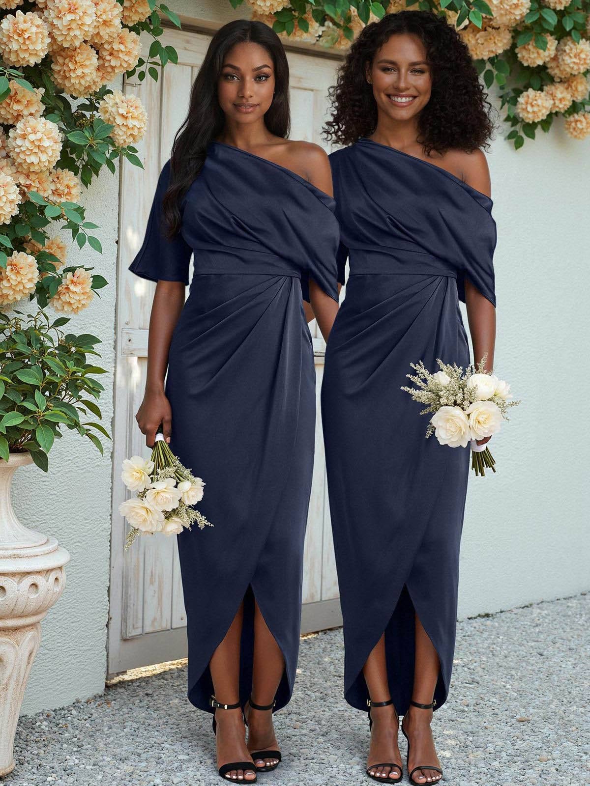 Sheath/Column Asymmetrical Sleeveless Satin Bridesmaid Dresses With Ruffle, product image 1