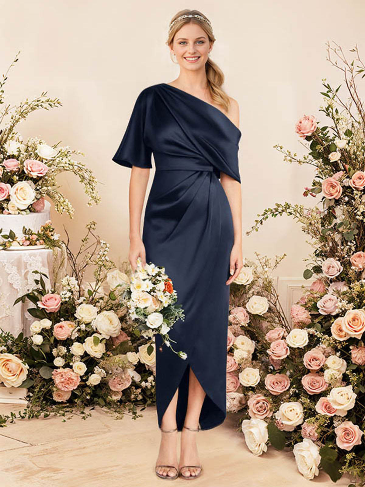 Sheath/Column Asymmetrical Sleeveless Satin Bridesmaid Dresses With Ruffle, product image 3