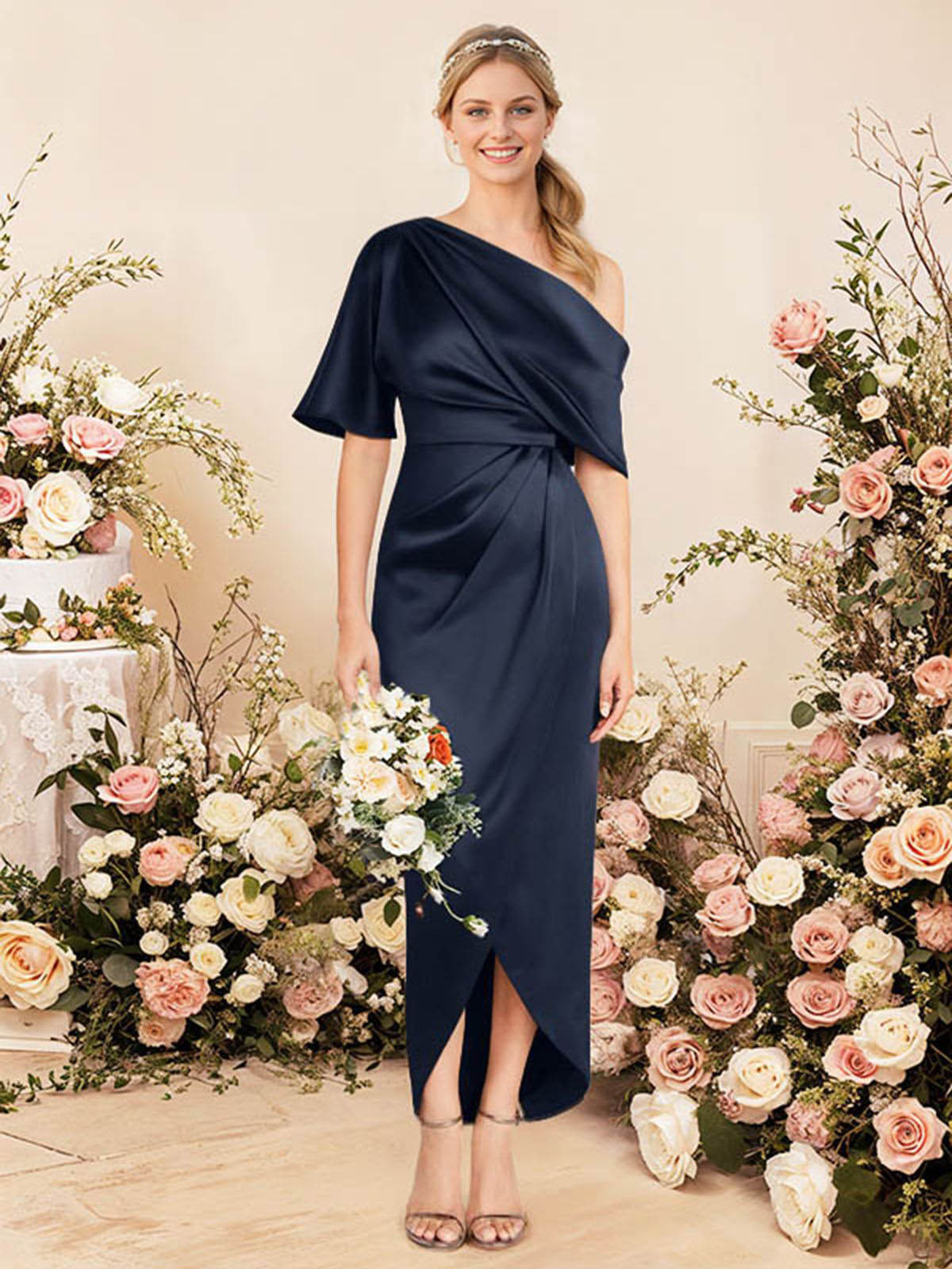 Sheath/Column Asymmetrical Sleeveless Satin Bridesmaid Dresses With Ruffle, product image 3