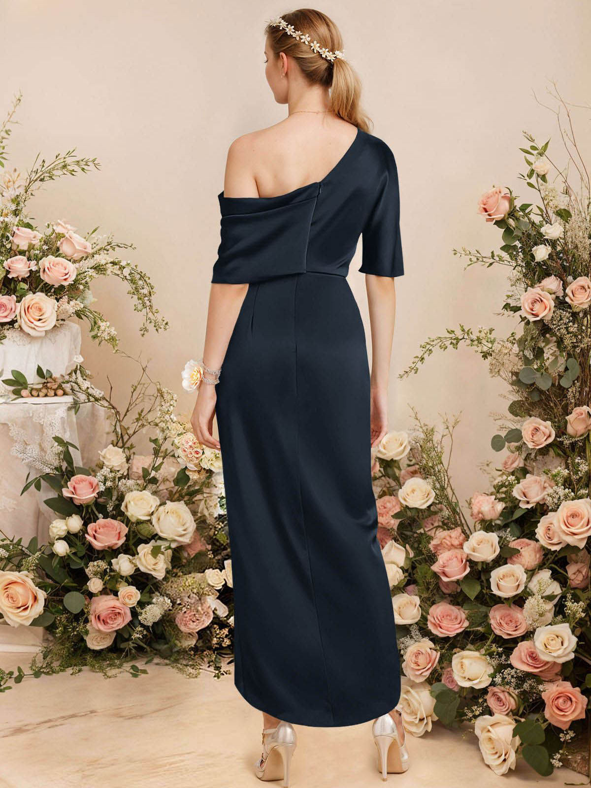 Sheath/Column Asymmetrical Sleeveless Satin Bridesmaid Dresses With Ruffle, product image 4
