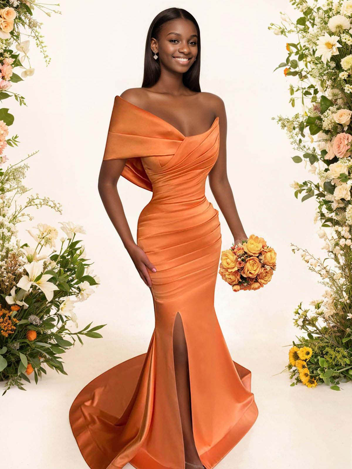 One-Shoulder Sleeveless Sweep Train Satin Bridesmaid Dresses With Split Front, product image 1