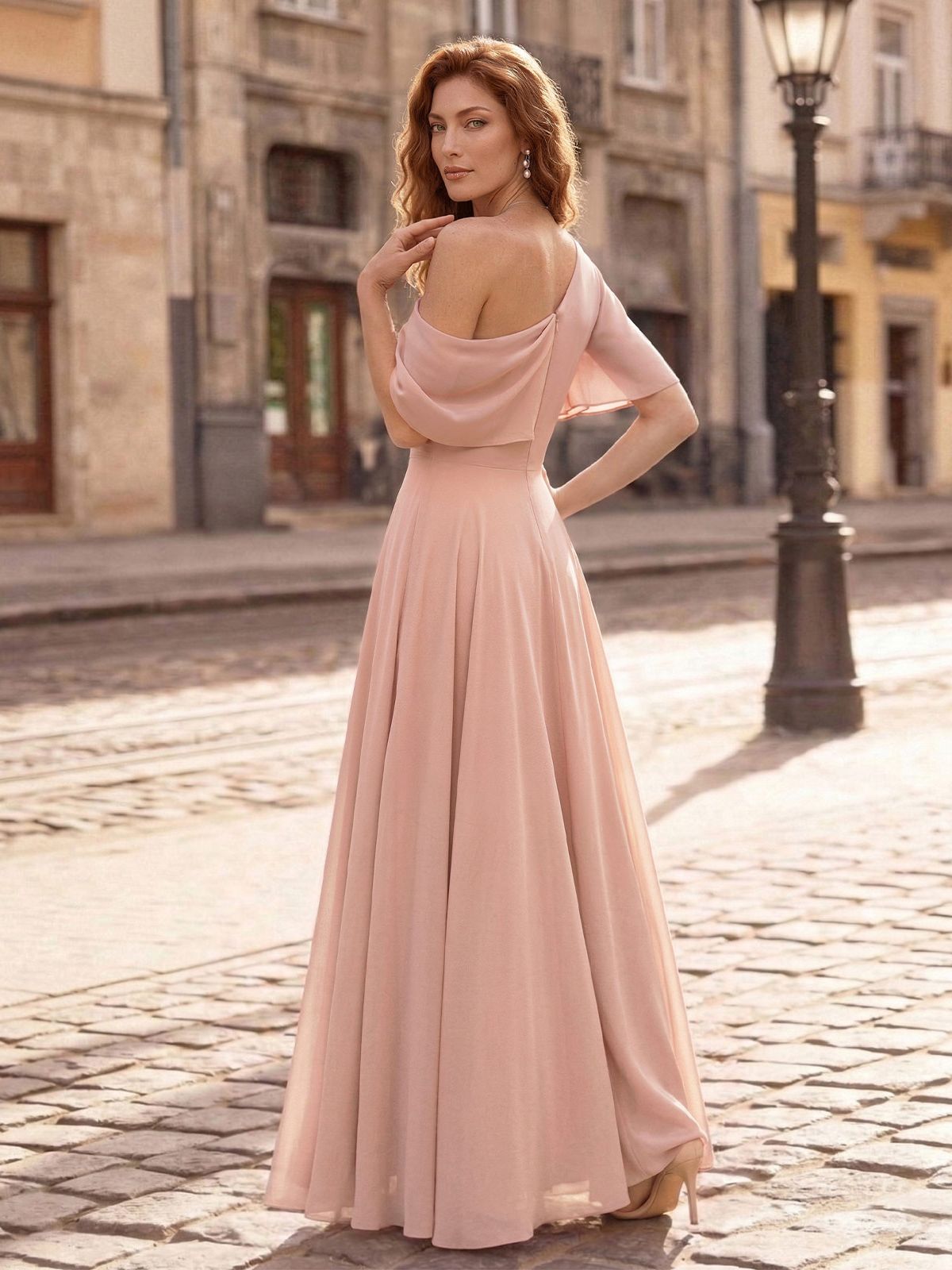 A-Line Asymmetrical Short Sleeves Floor-Length Chiffon Evening Dresses