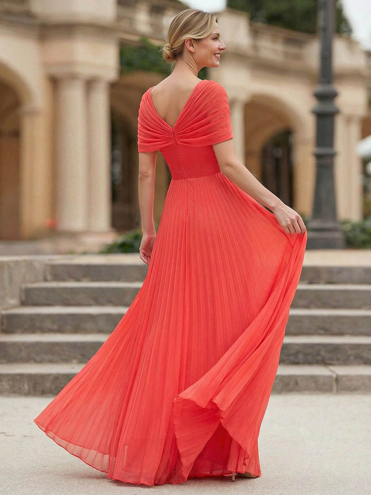 A-Line V-Neck 1/2 Sleeves Floor-Length Chiffon Evening Dresses