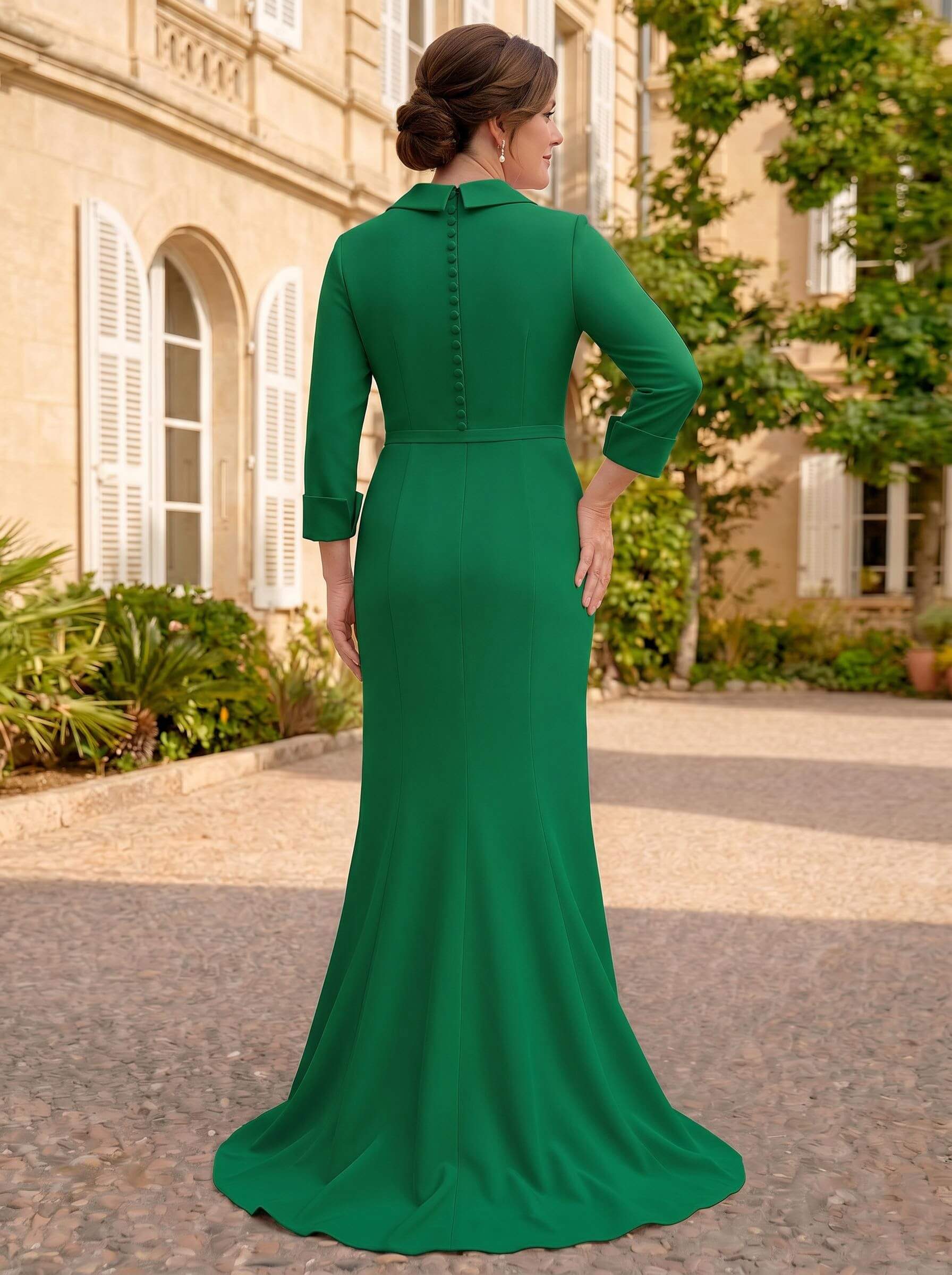 Sheath/Column V-Neck 3/4 Sleeves Sweep Train Elastic Satin Mother Of The Bride Dresses