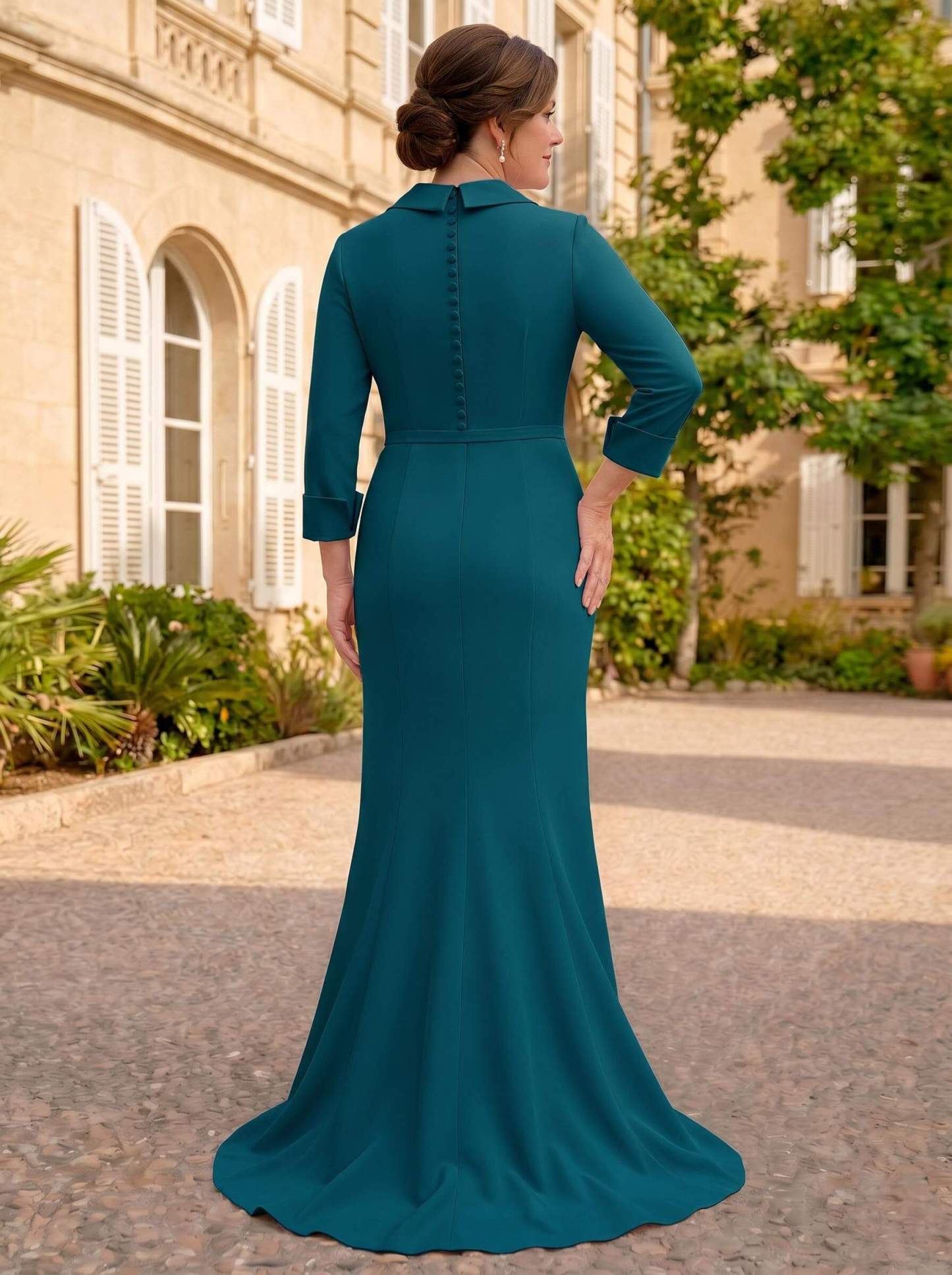 Sheath/Column V-Neck 3/4 Sleeves Sweep Train Elastic Satin Mother Of The Bride Dresses