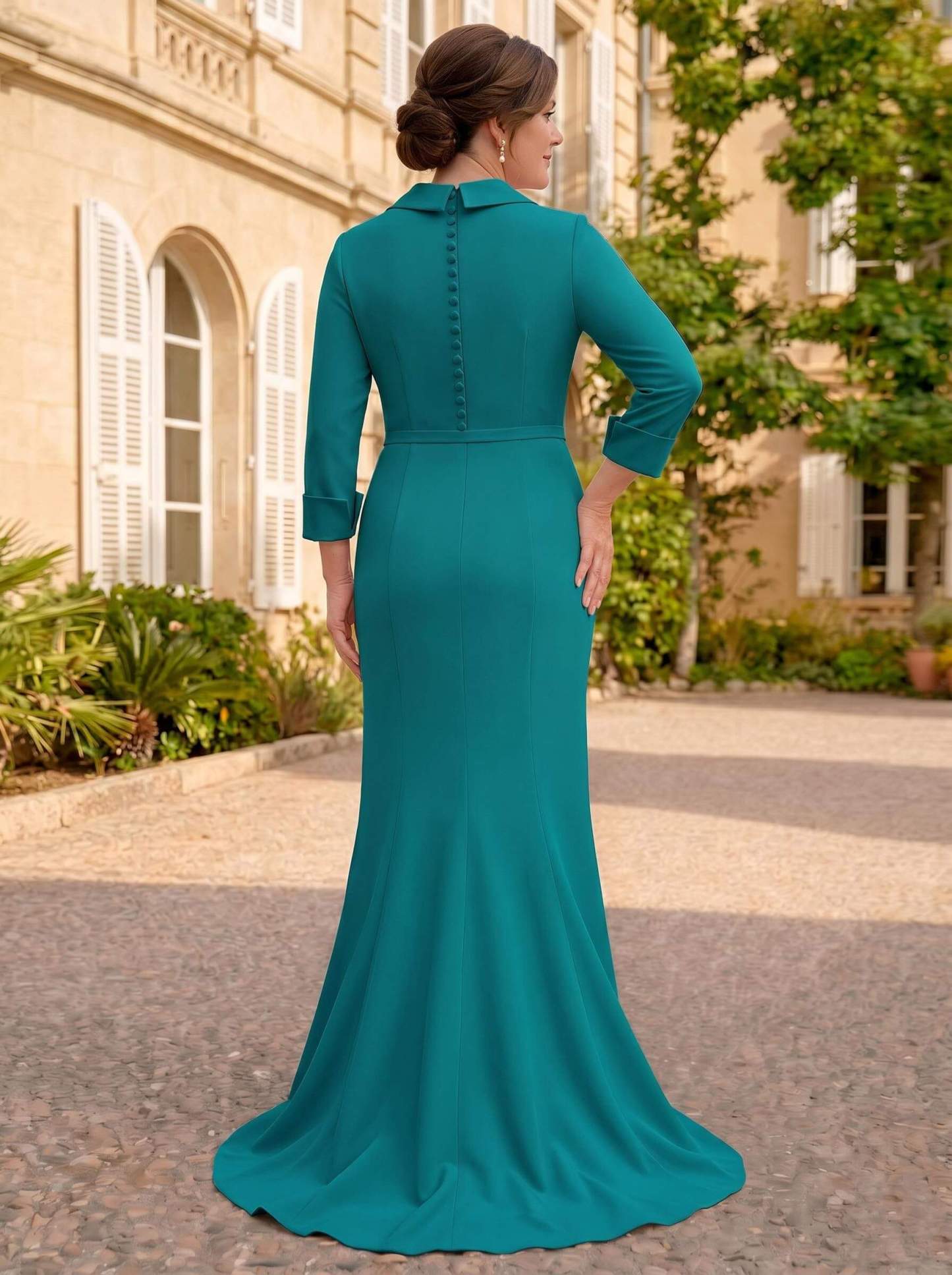 Sheath/Column V-Neck 3/4 Sleeves Sweep Train Elastic Satin Mother Of The Bride Dresses